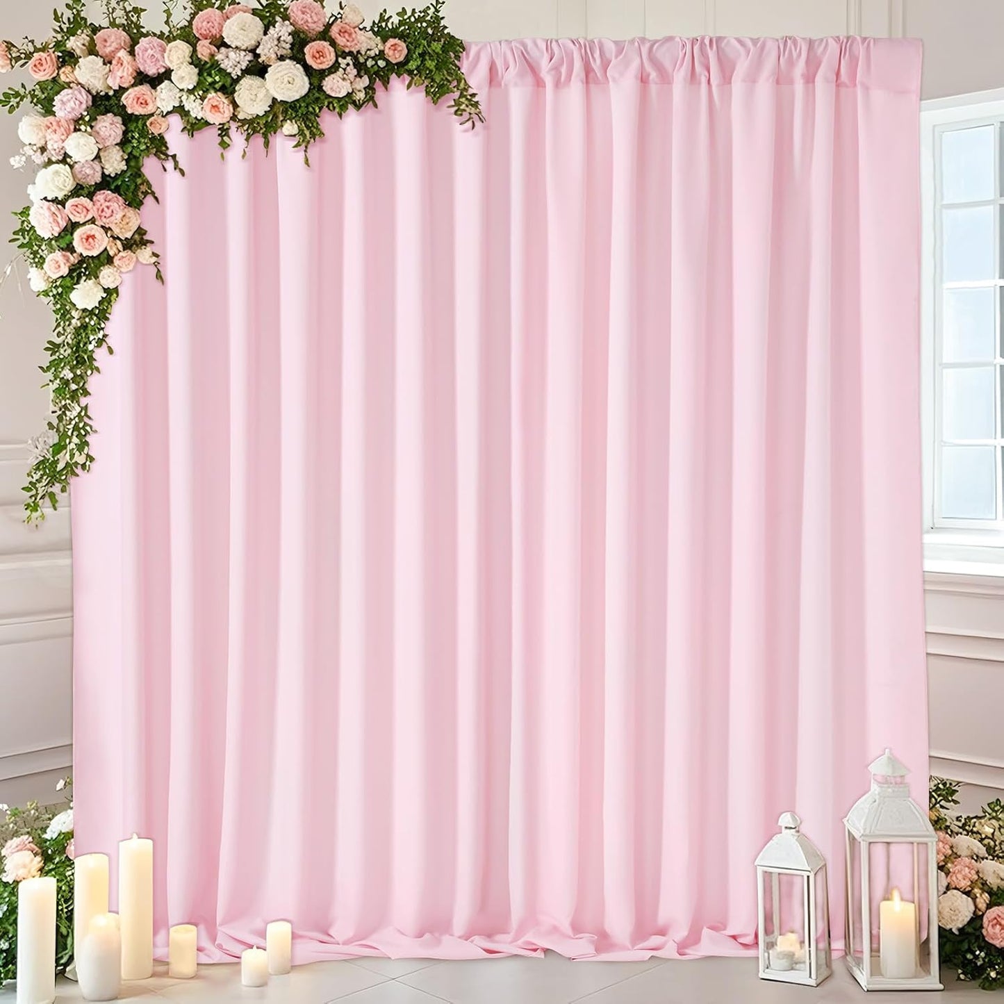 Pink Backdrop Curtains 4 Panels 5ft x 10ft Polyester Photography Backdrop Drapes for Baby Shower Party Wedding Stage Decorations