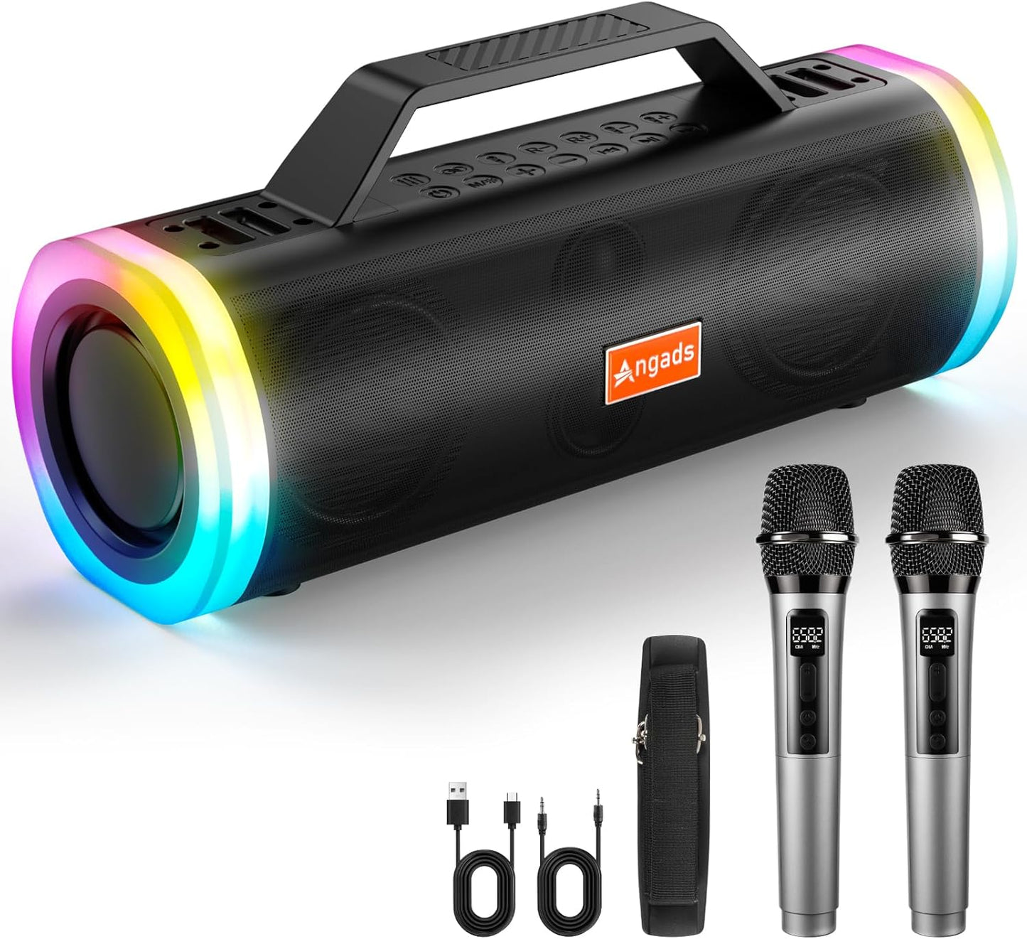 Angads Karaoke Machine with 2 Wireless Microphones Portable PA Speaker System Bluetooth 5.3 Pitch Correction & Echo Effects Multi-Connectivity (TWS/TF/USB/AUX/Live/REC) for Home Party Outdoor Events