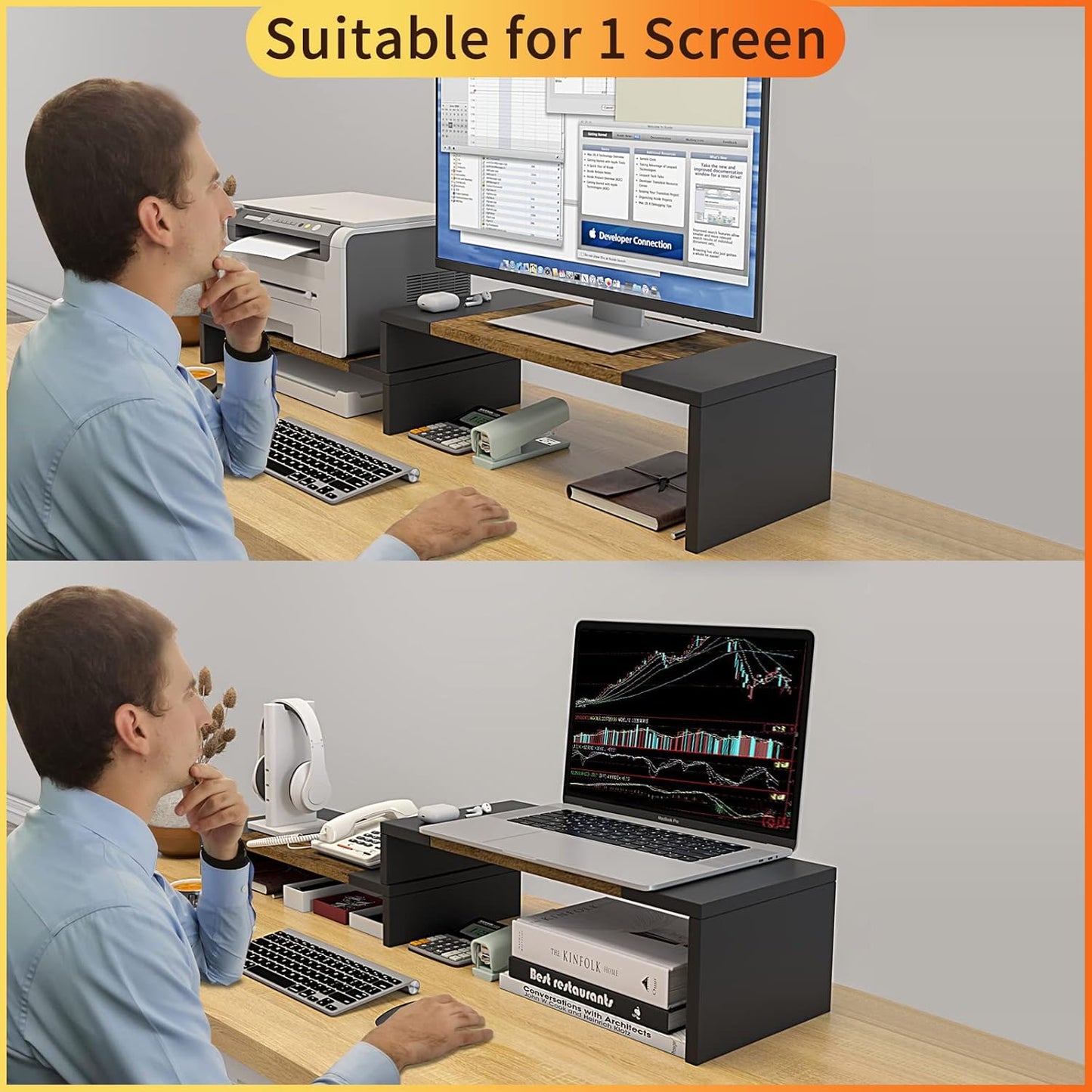 WESTREE Dual Monitor Stand - Riser 2 Shelf Computer with Adjustable Length and Angle, Stands for Monitors, Desktop Organizer PC, Computer, Laptop