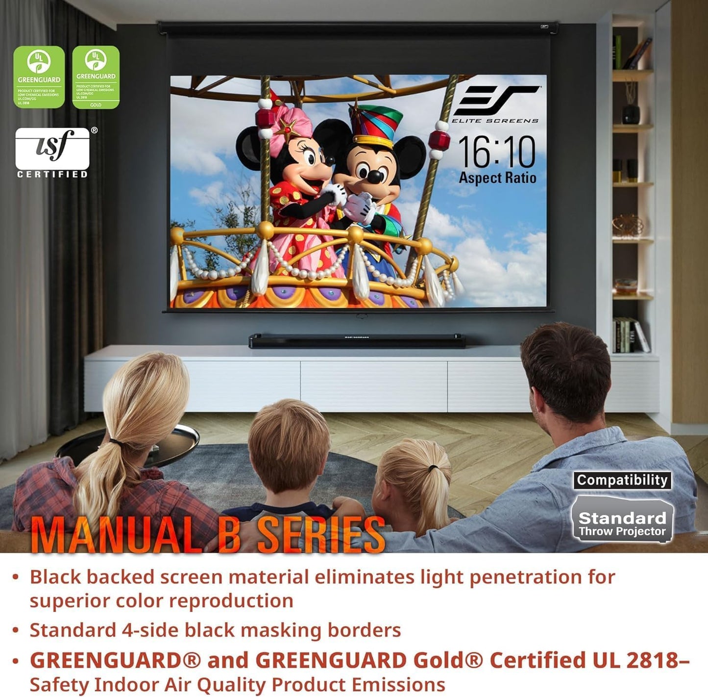 Elite Screens Manual B, 120-INCH, 16:10 aspect ratio, Manual Pull Down Projector Screen 4K / 8K Ultra HDR 3D Ready with Auto-Lock Mechanism, 2-YEAR WARRANTY, M120X