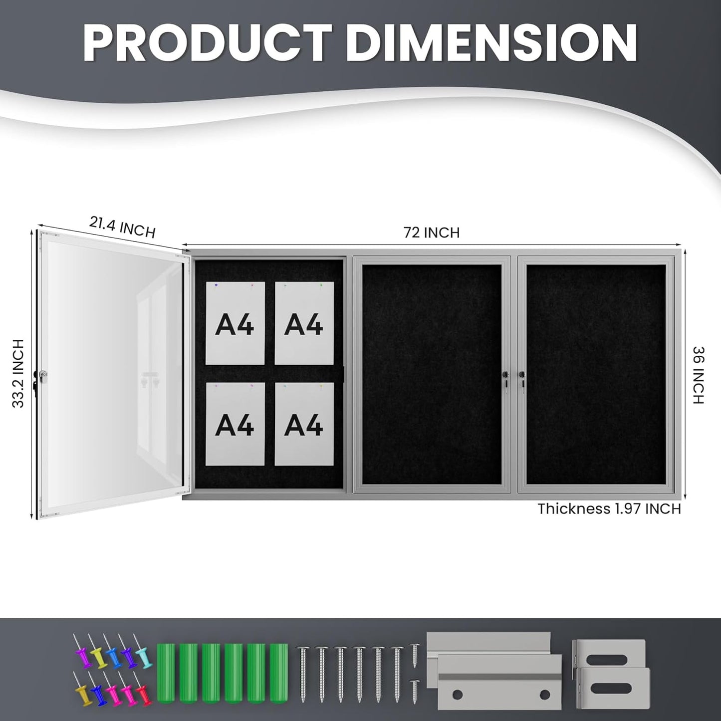 72"x36" Lockable Enclosed Bulletin Board, Outdoor Flet Weather-Resistant Aluminum Frame Notice Board, Wall Mounted Display Case Acrylic Doors for School,Office,Silver Frame w/Black Flet