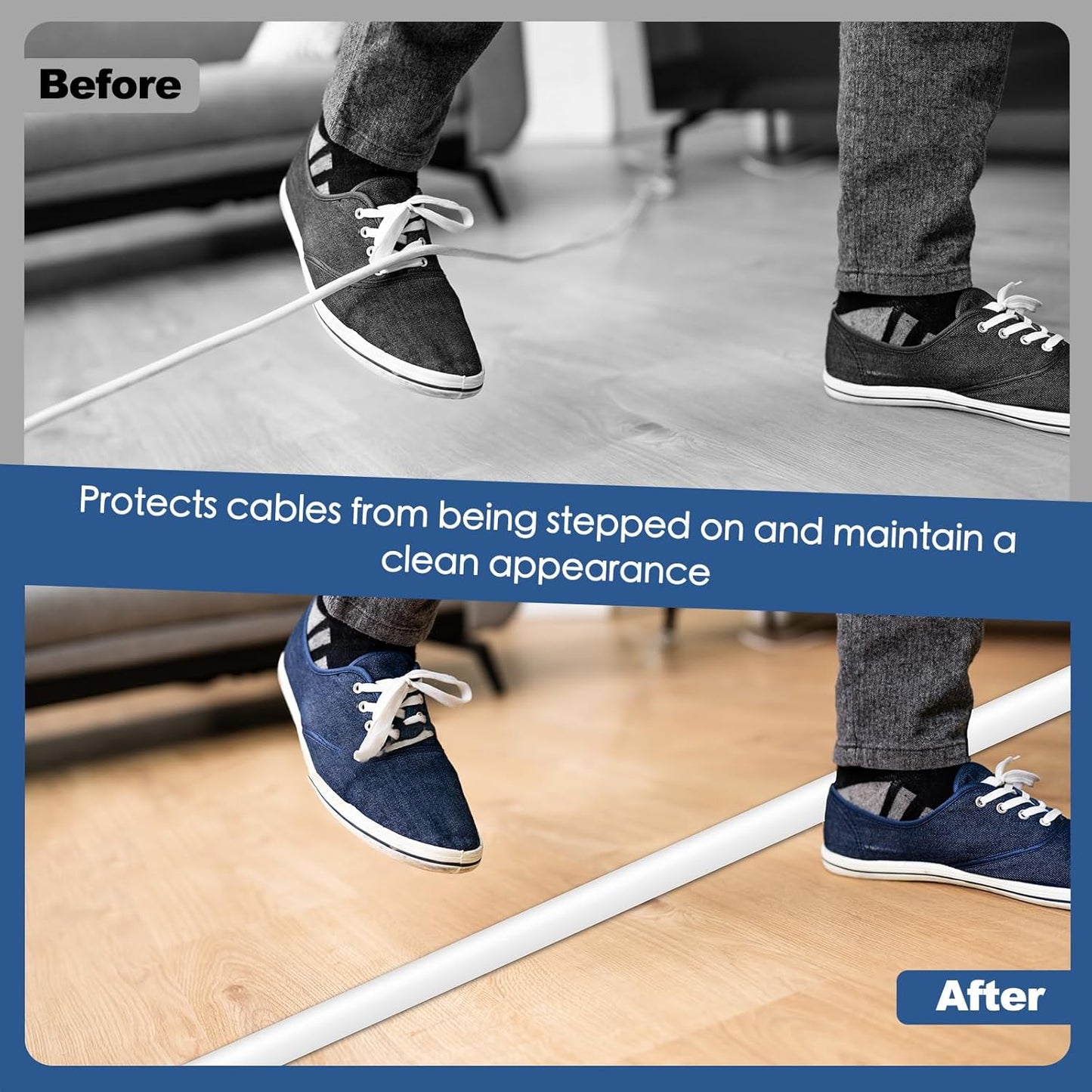 Floor Cord Cover for Wires on Floor Self Adhesive Cord Hider Floor Cable Management Wire Covers for Cords Protector Prevent Cable Trips Cord Cavity W 0.47" x H 0.27", White, 10Ft