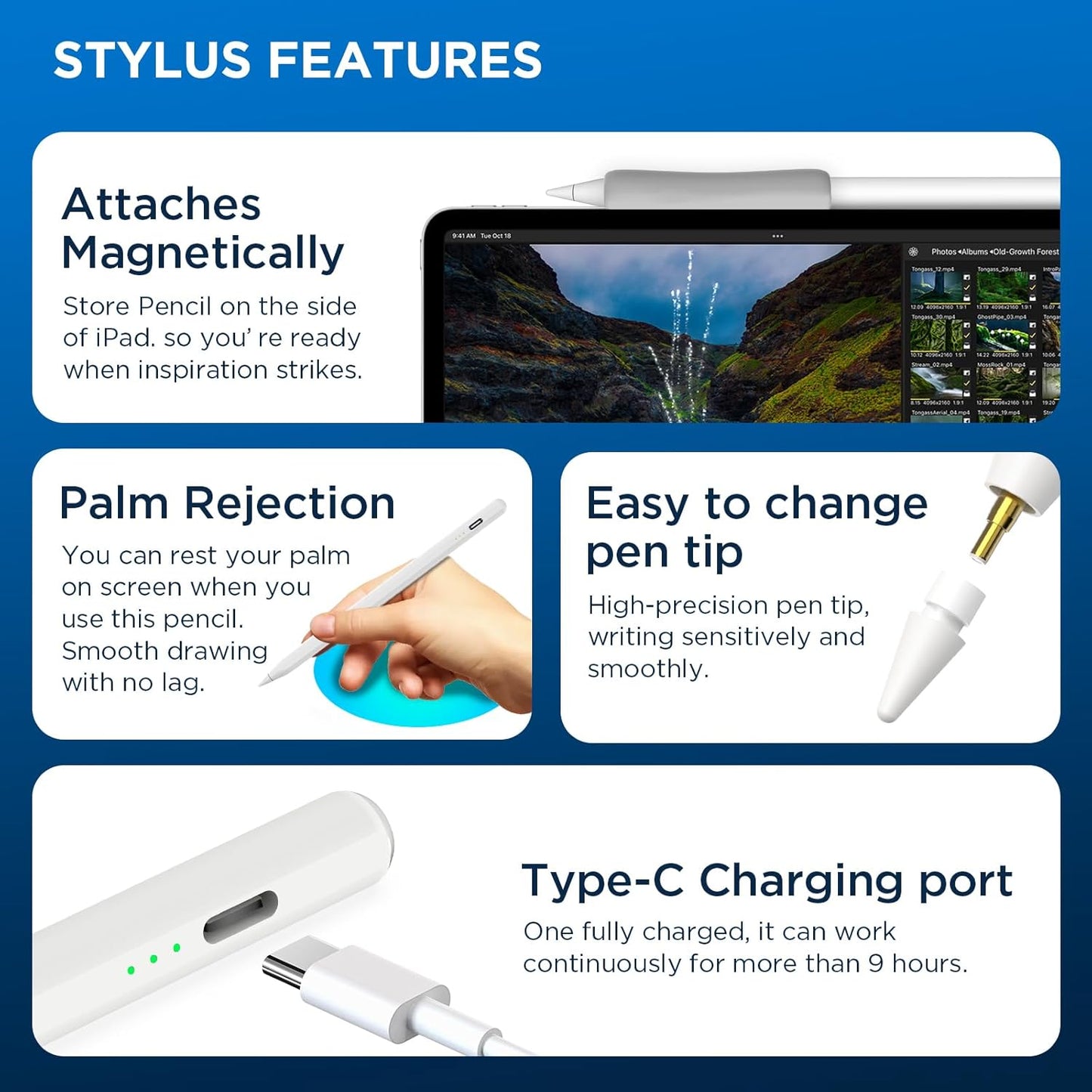OASO Stylus Pen Set, Universal Stylus & Tilt Drawing Palm Rejection Stylus Pencil for Apple iPad 6/7/8/9/10, Mini 5/6, Air 3/4/5, Pro 11''/12.9'', M4/M2, Stylus with Pencil Grip & Replacement Tips.