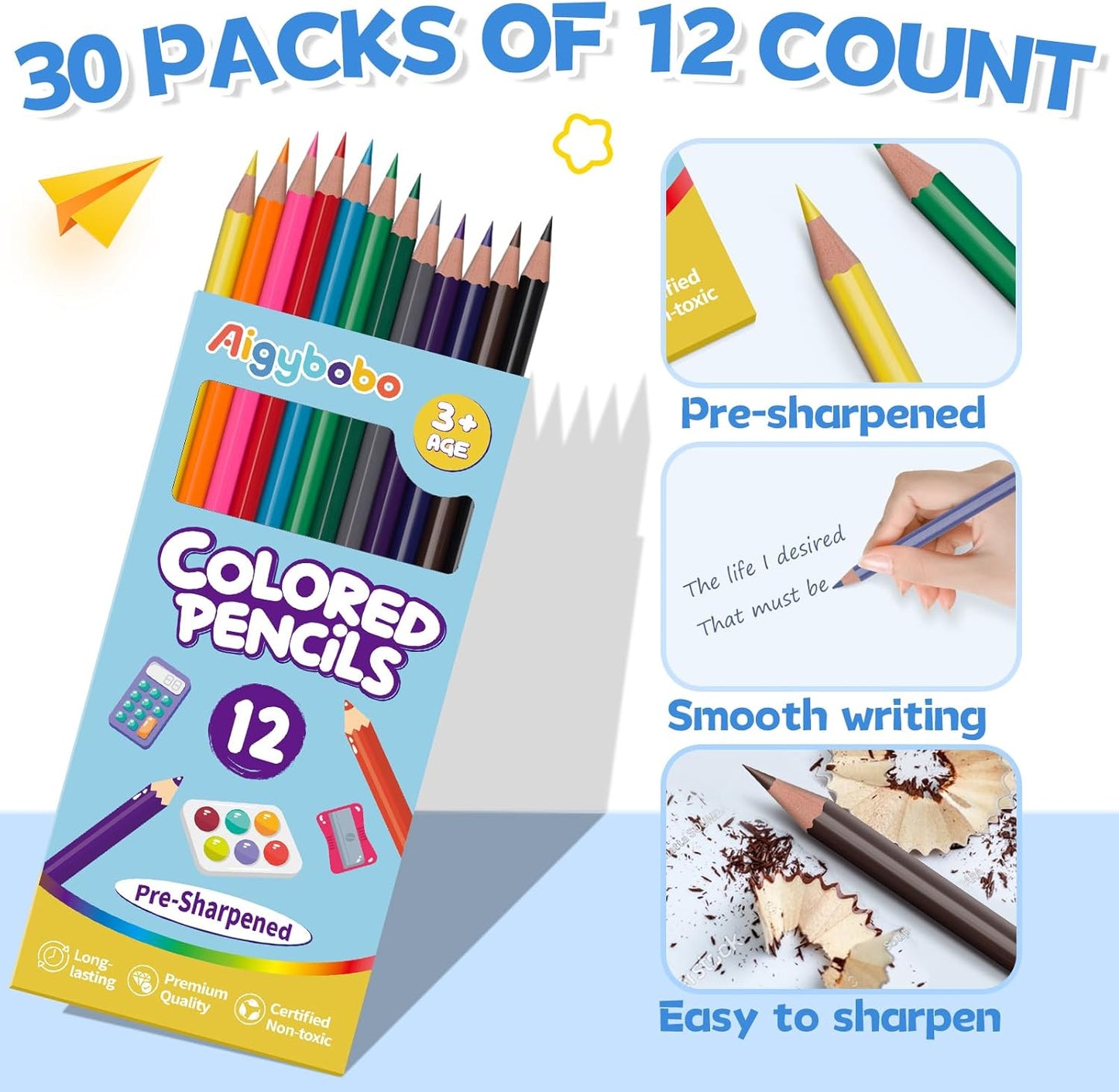 Aigybobo 360 Count Colored Pencils Bulk, 30 Pack Colored Pencils for Kids 12 Colors, Pre-sharpened Color Pencils, Bulk Coloring Pencils School Supplies for Teachers, Classroom Prizes, Art Supplies