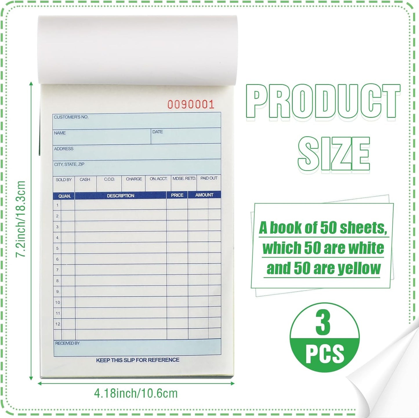 Lincia 3 Pads Sales Order Books 2 Part Carbonless (White/Canary Yellow) Receipt with Carbon Copies Cover Receipt Form Invoice 50 Sets Per Book (4.18 x 7.2 Inch/ 10.6 x 18.3 Cm)
