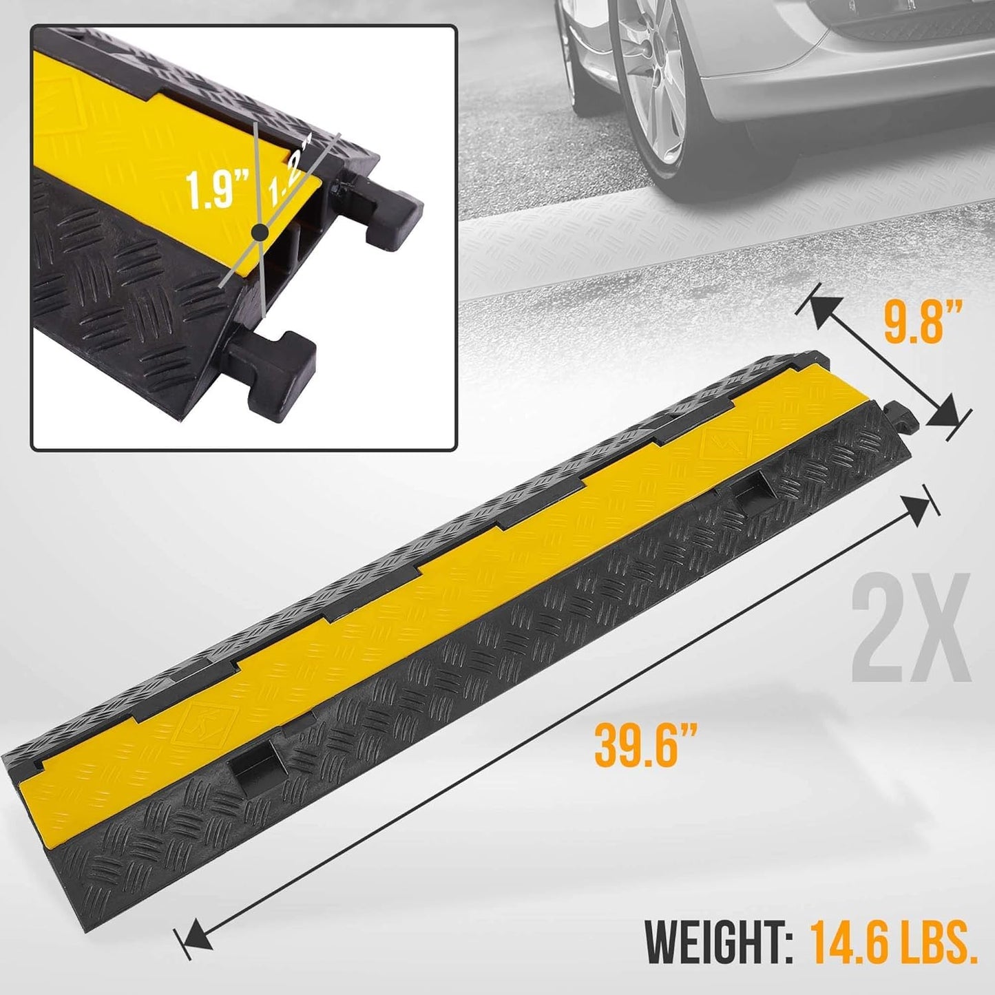 Pyle 2-Pack Heavy Duty Cable Ramp, Protective Cover with 2-Channel Design, 2000 lbs Load Capacity, Flip-Open Top, Non-Slip Surface, High Visibility Yellow, Suitable for Indoor and Outdoor Use