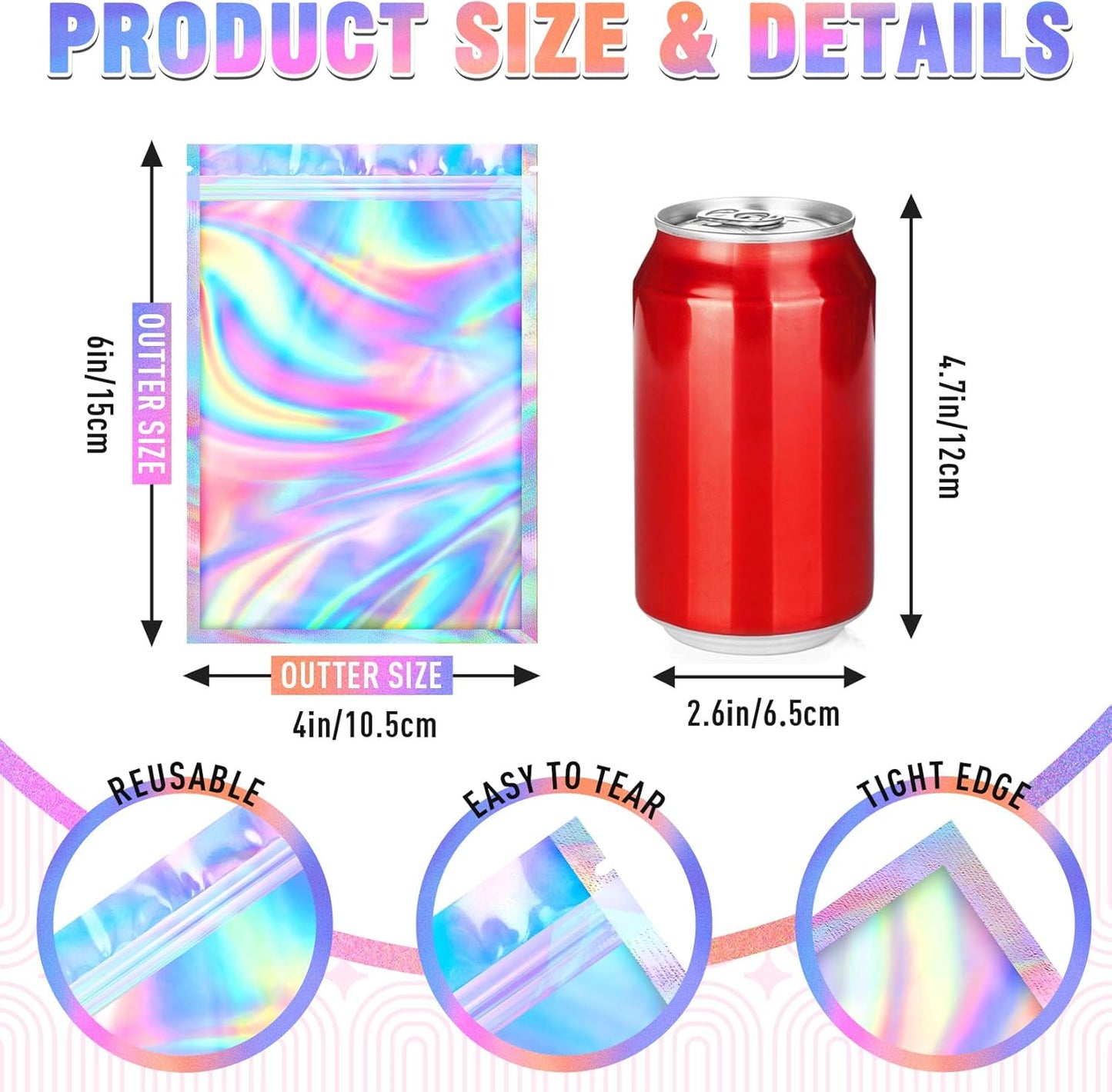 Mylar Bags, 100 PCS Holographic Bags, Smell Proof Bag with Sealing Strip (4x6 Inch)