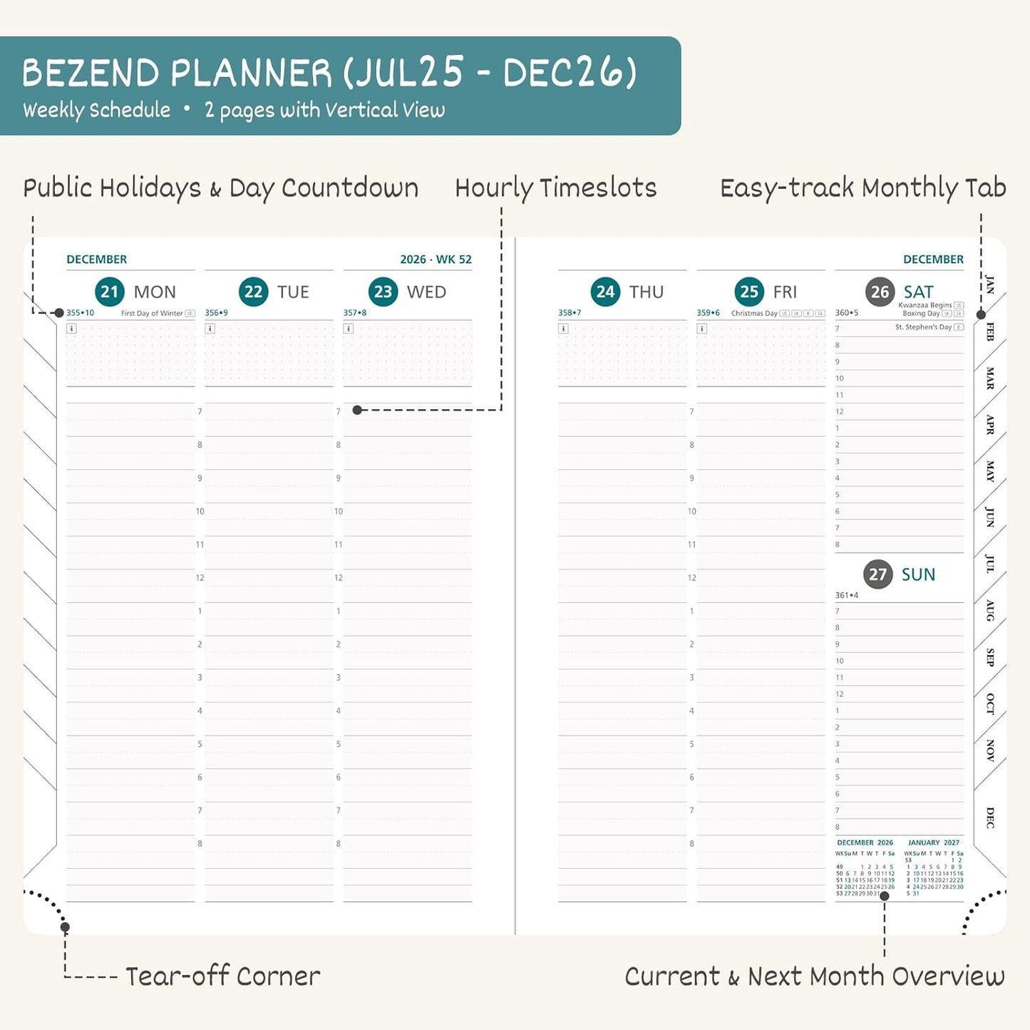 BEZEND Planner 2025-2026 Weekly and Monthly, 5.8" x 8.5" Academic Calendar (Jul 25-Dec 26) Vertical Daily Appointment with Hourly Timeslot & Monthly Tab, PU Leather Hardcover - Lavender