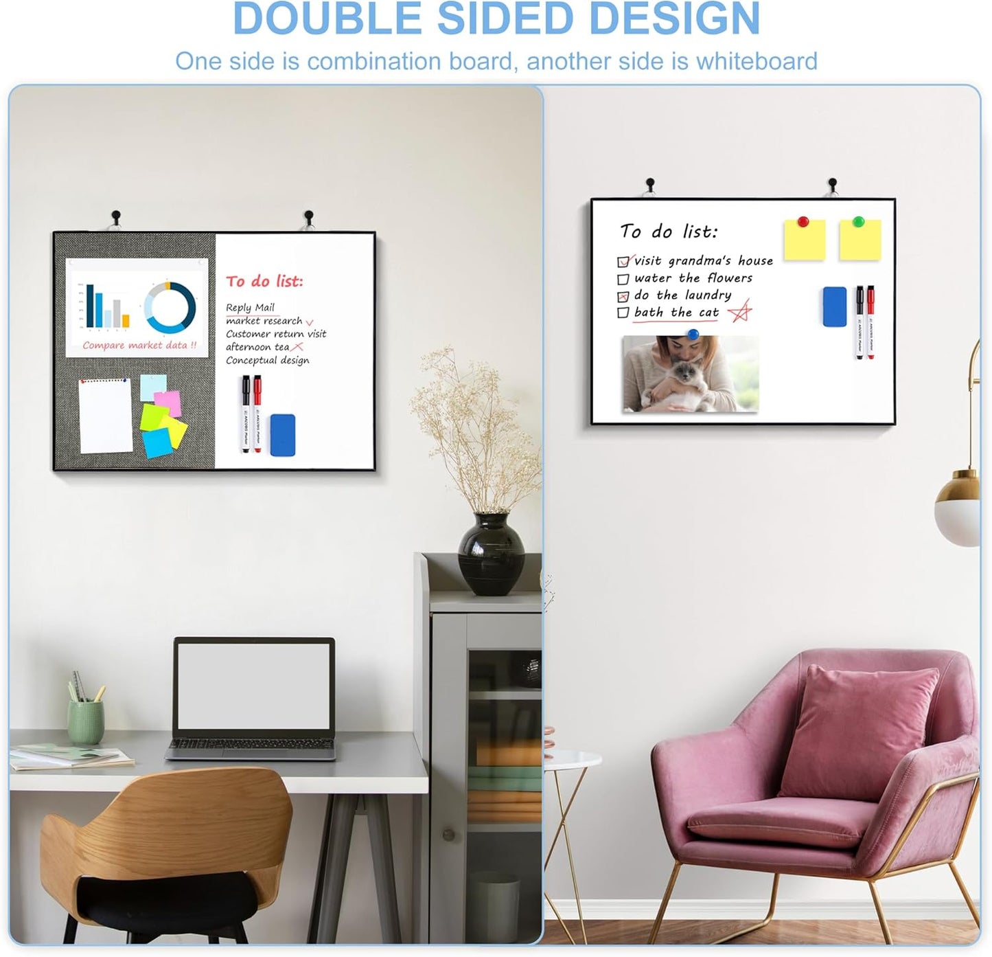 ARCOBIS Cork Board White Board Combo, 24"X18" Linen Bulletin Board Whiteboard for Wall, Double-Sided Magnetic Dry Erase Corkboard for Home, Office, School, Grey