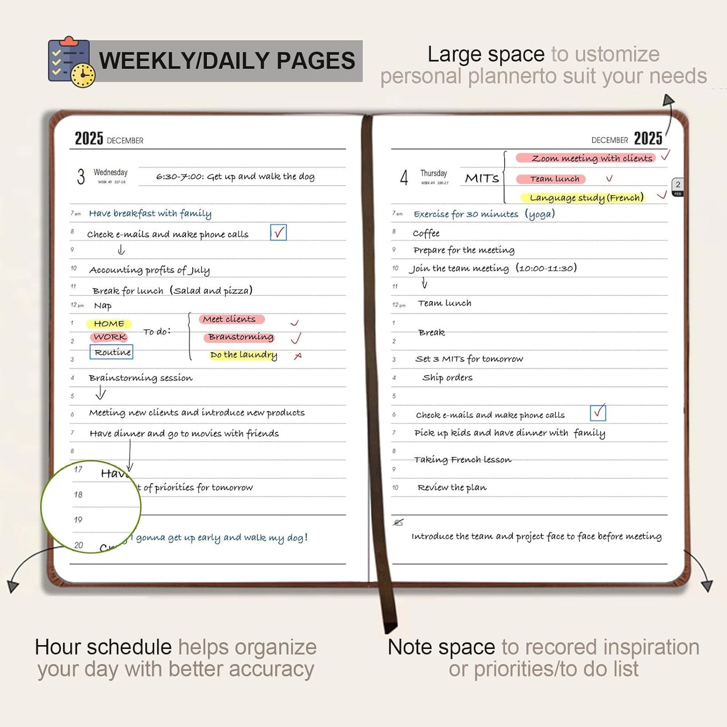 Daily Planner 2025-2026, Academic Planner 2025-2026 Weekly and Monthly Planner, Calendar Book with Hourly Schedule 8.5"x5.8", July 2025 to June 2026, Faux Leather Cover (Red)