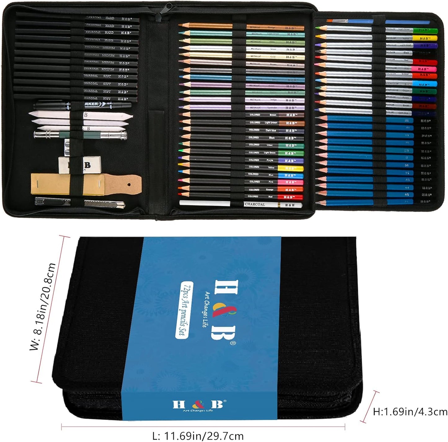 H & B 72PCS Drawing Supplies Sketching Set,Art Kit include Drawing & Colored Pencils for Adults Artists Kids.Pro Art Sketch Supplies with Sketchpad,Watercolor & Metallic Pencils
