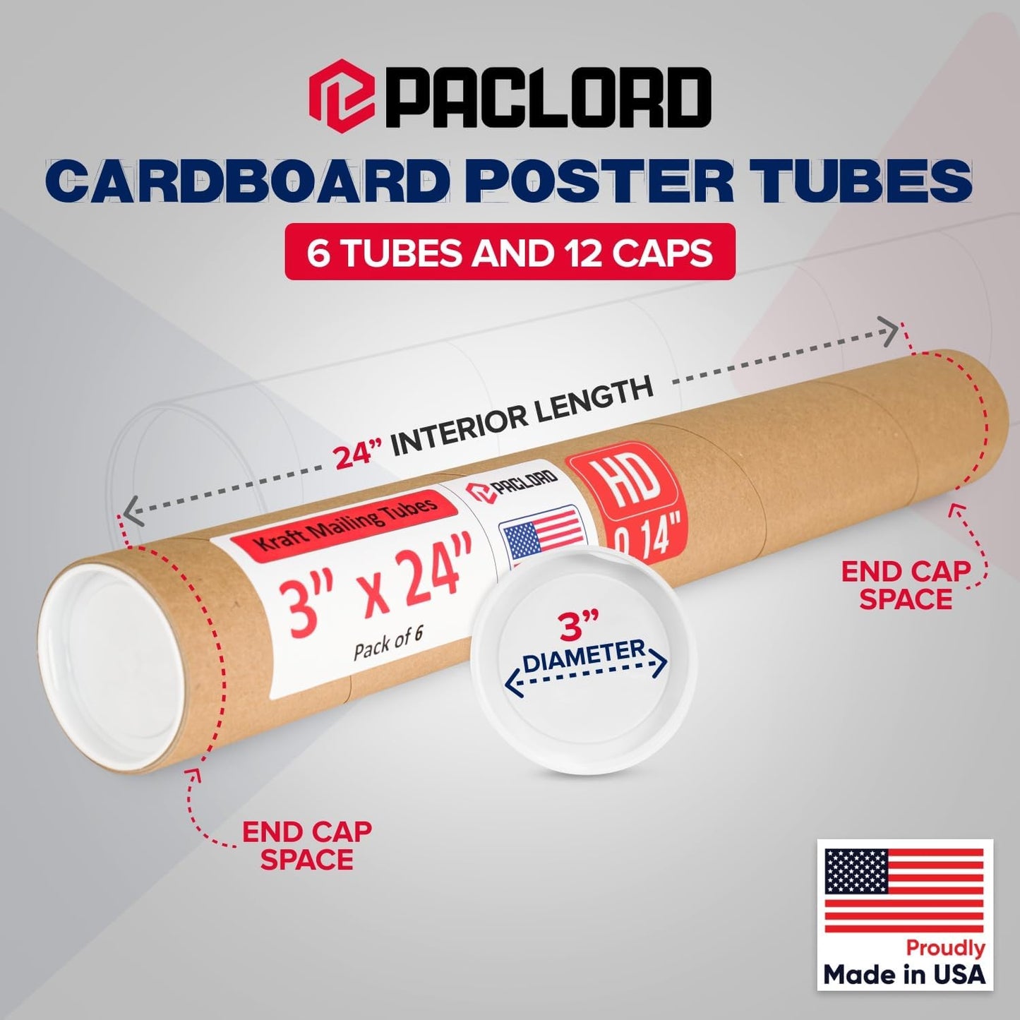 3" x 24" Heavy-Duty Reinforced Cardboard Mailing Tube, Pack of 6 Tubes with 12 Caps – Secure USPS Approved – Great for Shipping and Storing of Prints, Artwork, Posters or Documents