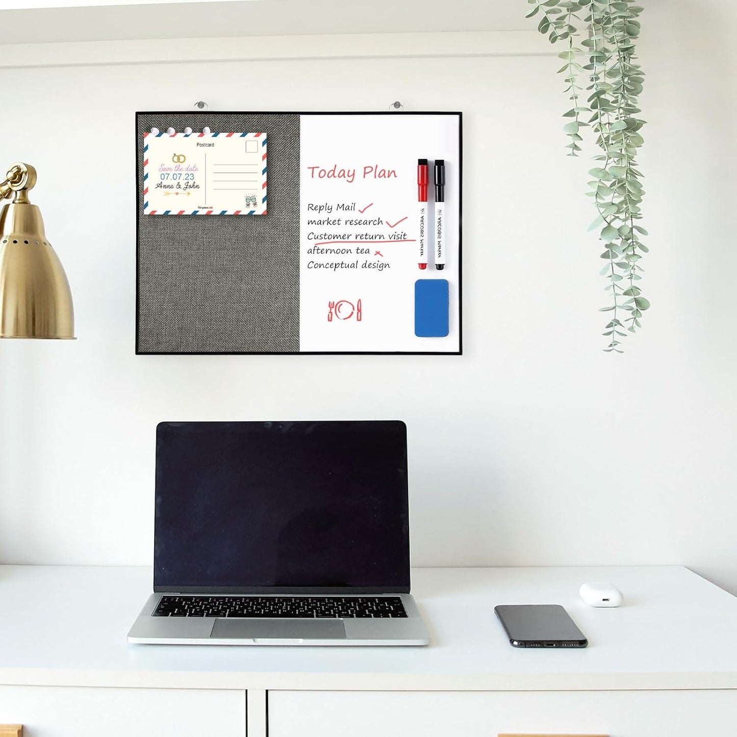 ARCOBIS Dry Erase Linen Board, 12"X16" Small Cork Board White Board Combination, Double-Sided Magnetic Bulletin Board for Wall, Vision Board for Home, Office, School, Grey