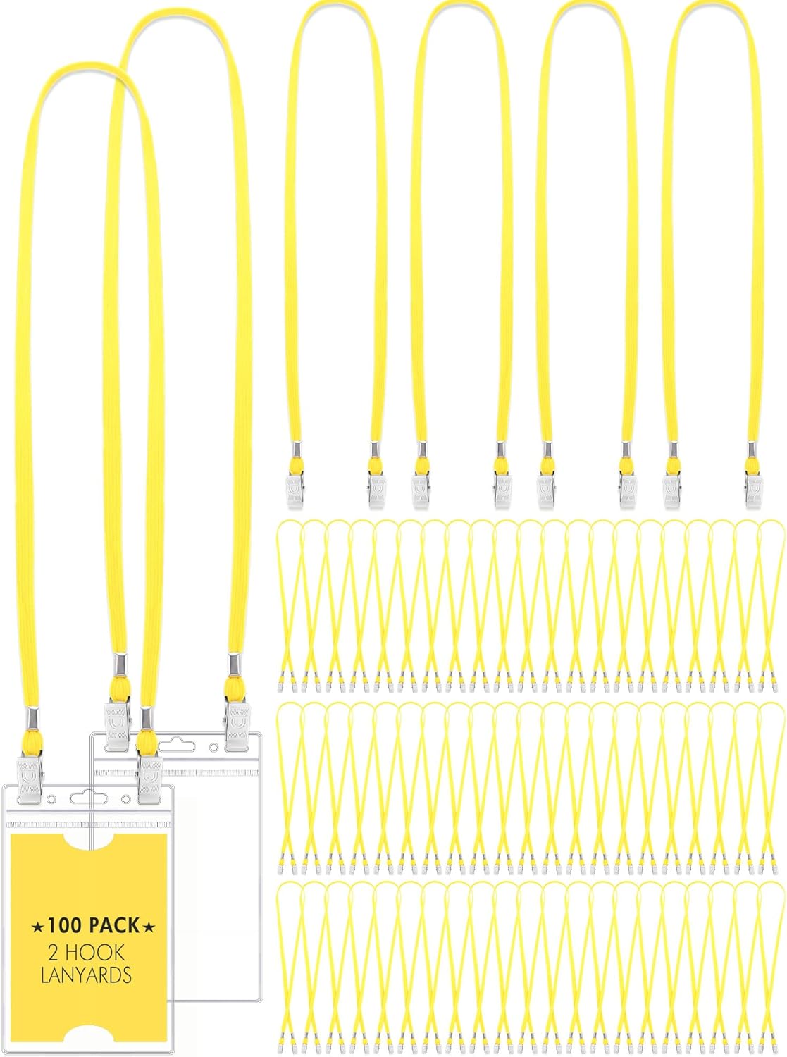 Patelai 100 Pack Double Clip Lanyards Bulk Face Mask Lanyard Twist Free 2 Hook Design Adjustable Badge Neck Strap for Conference Office Class Essential Back to School Gifts ID Card Keychain (Yellow)