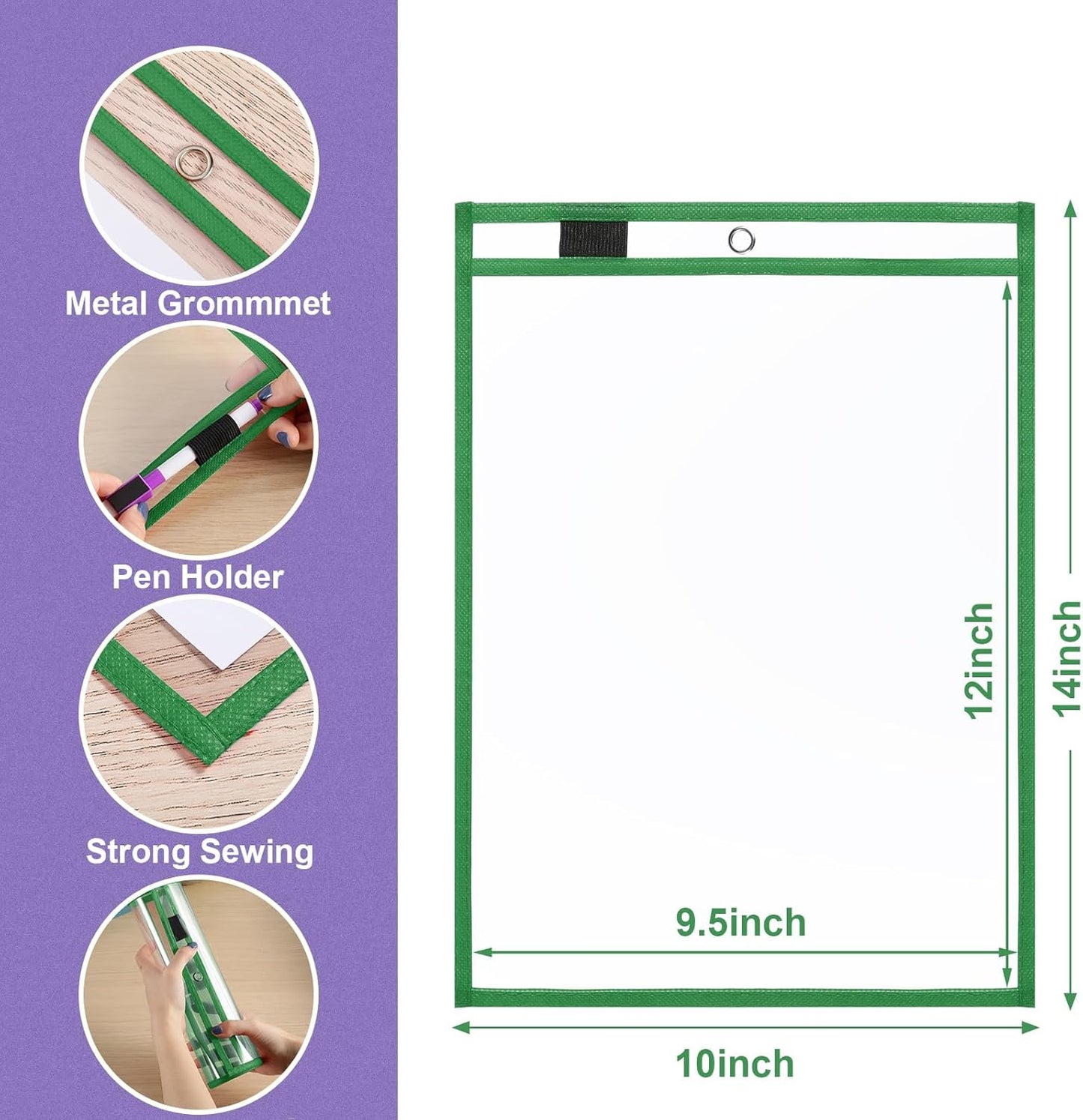 Nezyo Dry Erase Pockets Plastic Job Ticket Holders Shop Holder Order Pockets Clear Sleeves Tickets Folders Plastic Sleeves Paper Teacher Supplies for Classroom(14 x 10 in,Dark Green,20 Pcs)