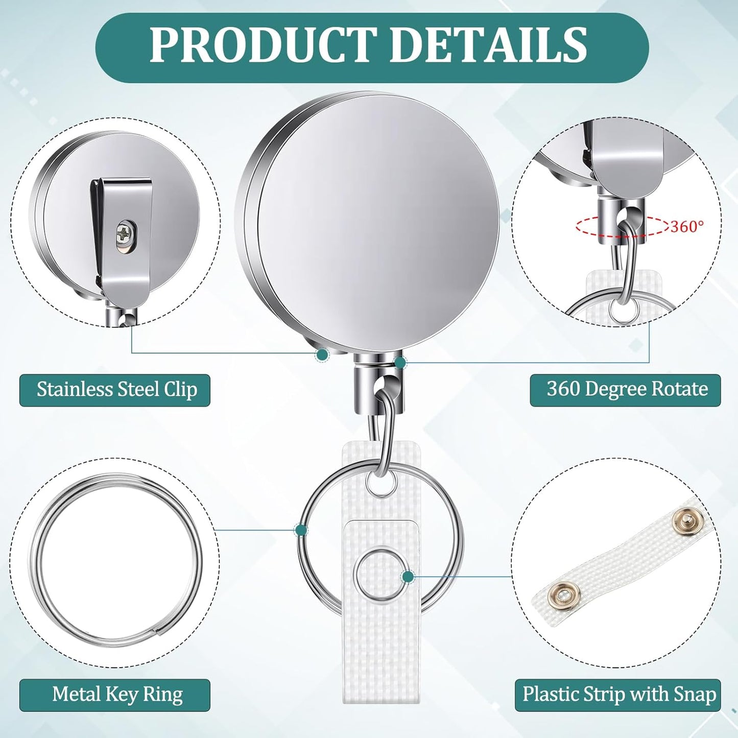 Leelosp 40 Pack Heavy Duty Retractable Badge Holder Reel Metal ID Badge Holder with Belt Clip Keyring Retractable Clip Bulk Card for Work Employee Doctor Nurse Gifts (Glossy Silver)