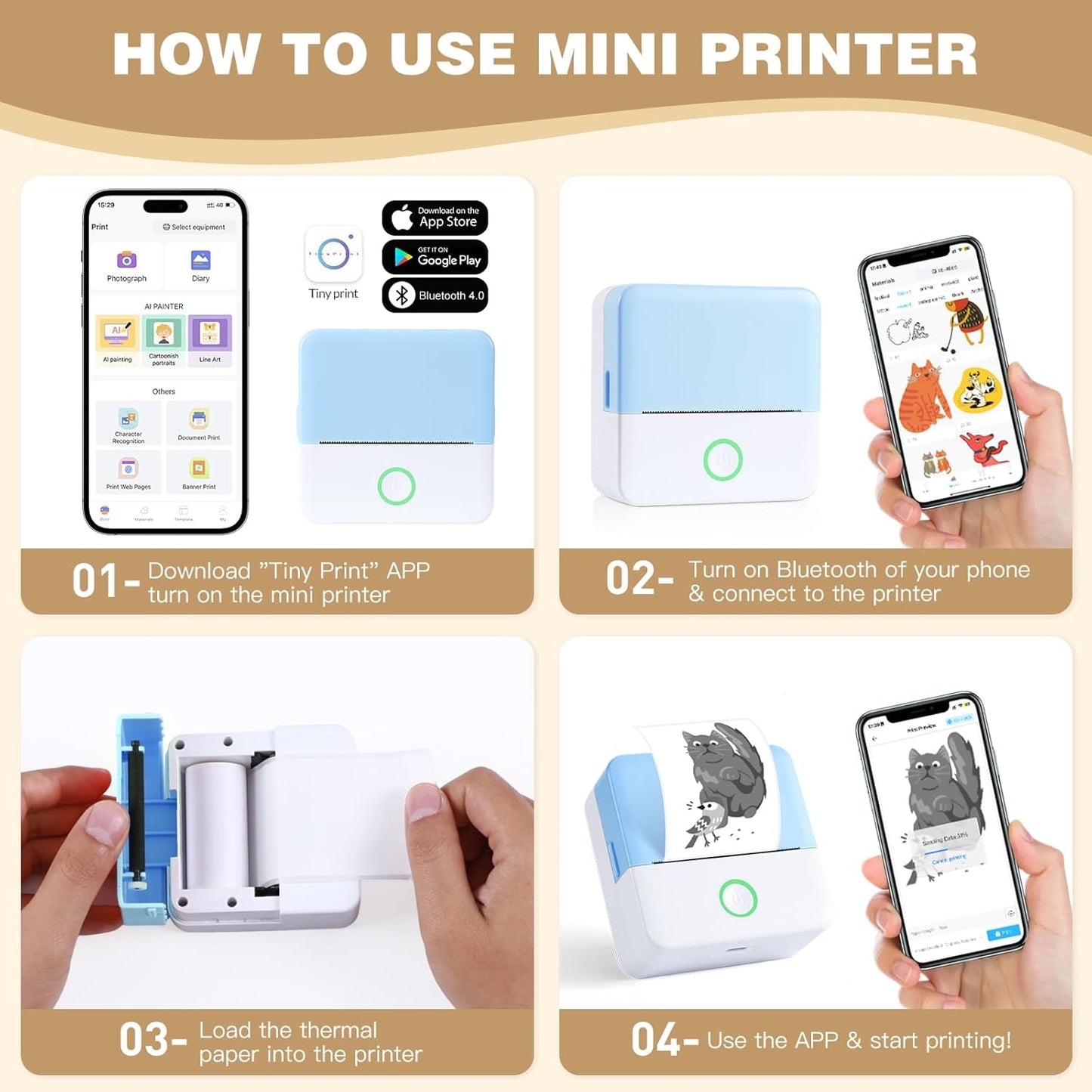 Print Pods Mini Printer, Thermal Inkless Sticker Maker with 10 Rolls Printing Paper, Pocket Printpod for phone, Impresora Portátil for Notes, Flashcards, Journal, DIY, Compatible with iOS & Android