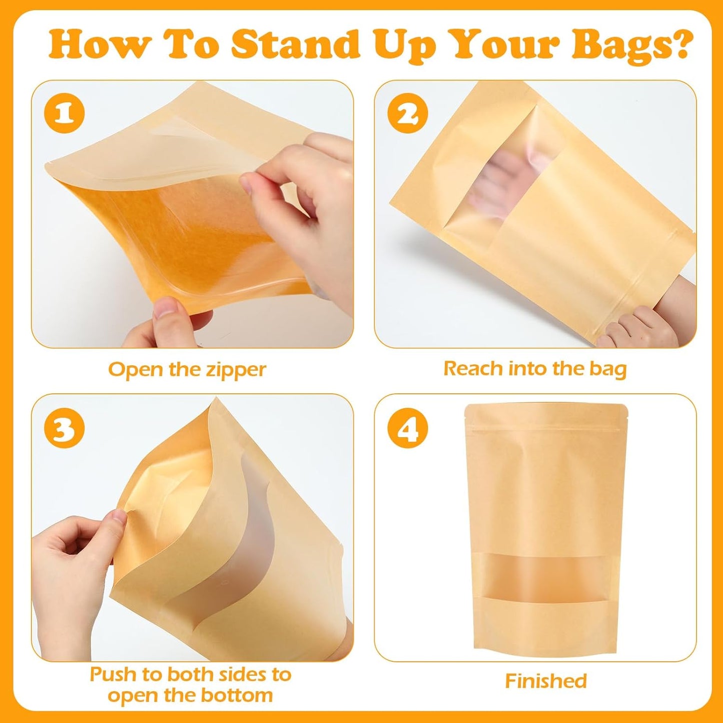 Geosar 300 Pcs Kraft Bags with Window 8 x 12 Inch Stand Kraft Pouches Bulk Zipper Paper Pouches Food Storage Reusable Heat Sealable Bags for Packaging Home Business