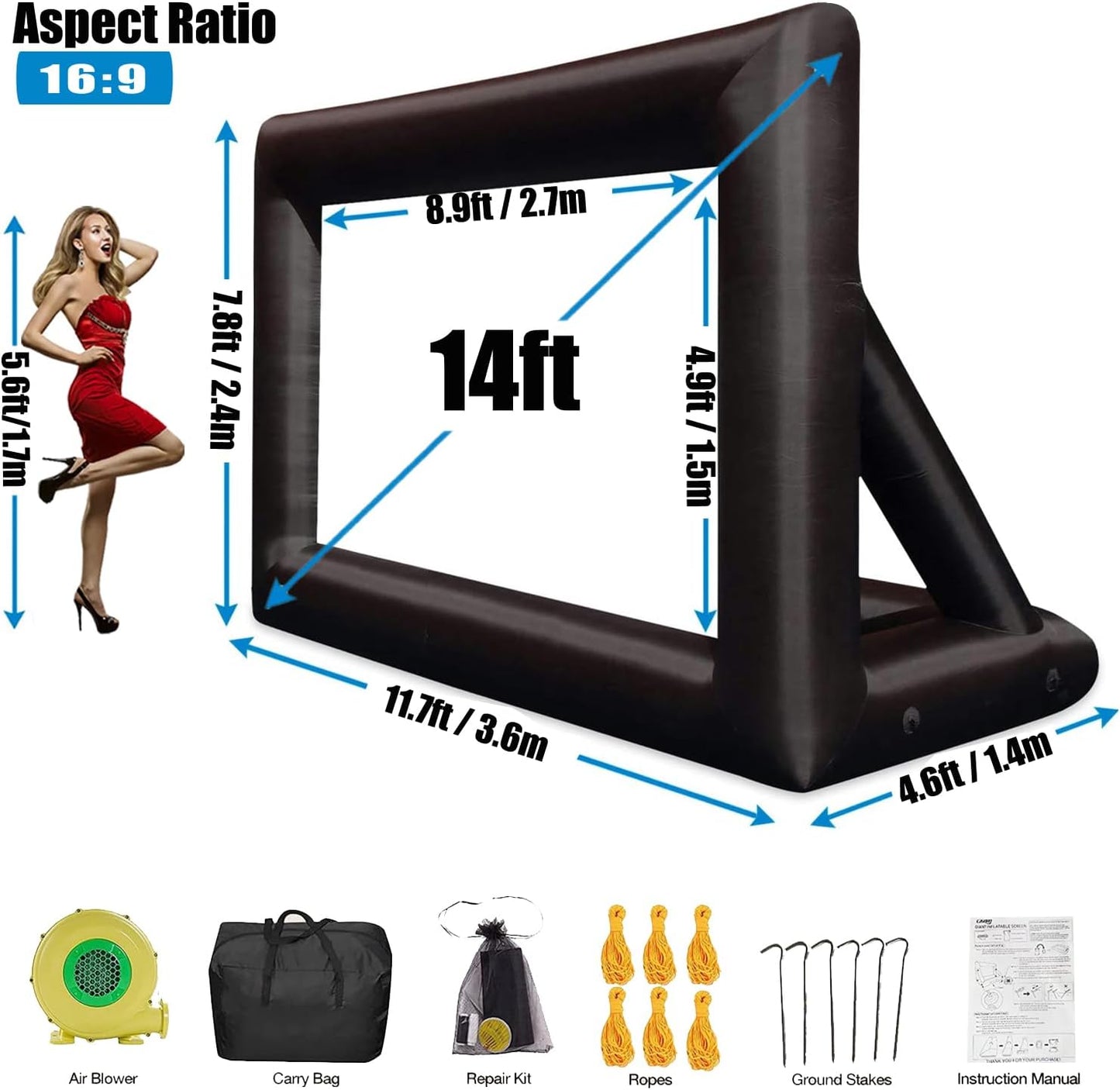 Inflatable Projector Screen - 14FT Outdoor Movie Screen Blow Up for Movie Parties Backyard Outside with Air Blower and Carry Bag, Front and Rear Projection