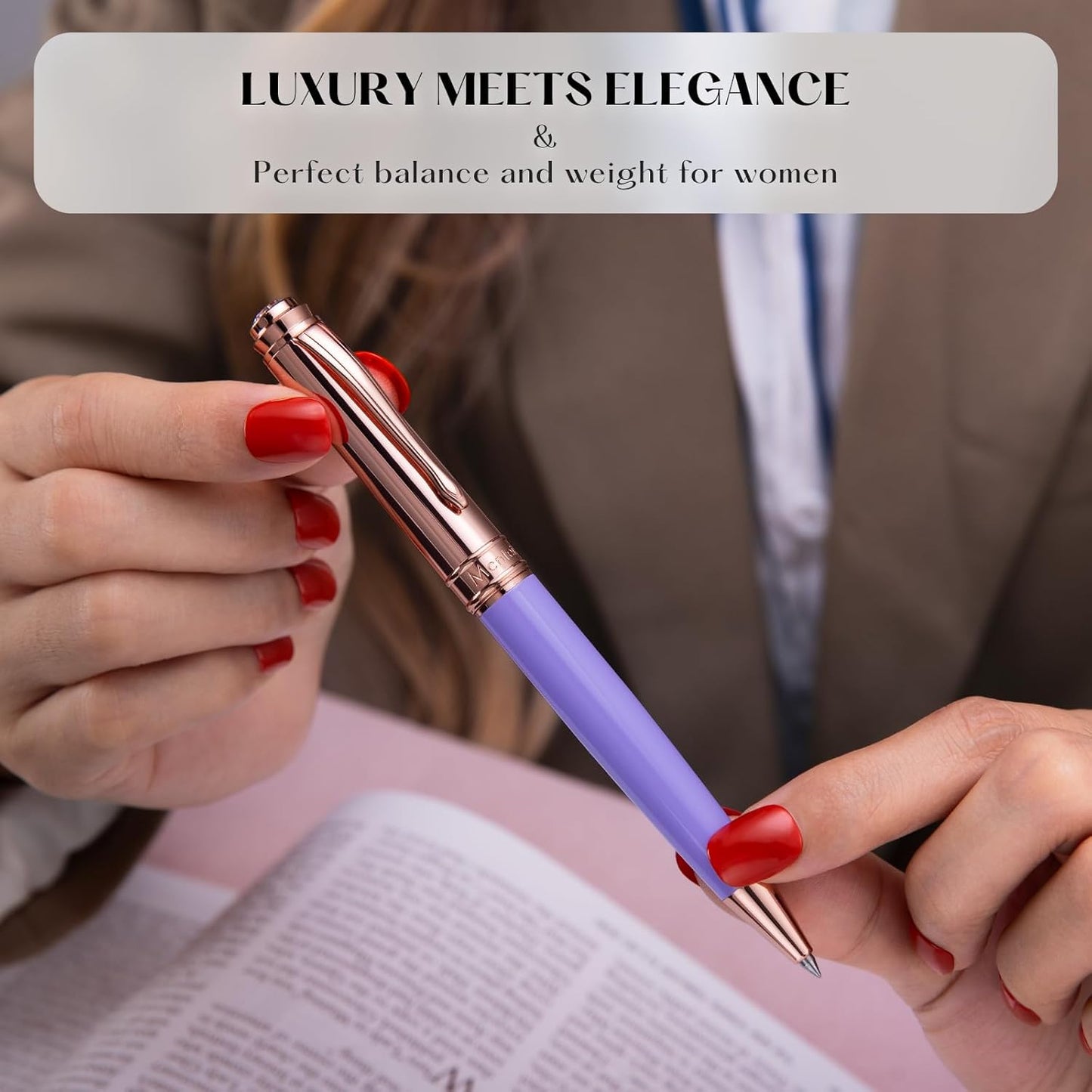 Luxury Gel Pen, Top Set With 8mm Brilliant Diamond,Stylish Purple Pen Body,Attractive Rose Real Gold Finish, Black Ink Refill,Elegant Gift Pen For Women, Unique, Fancy, Office Pens