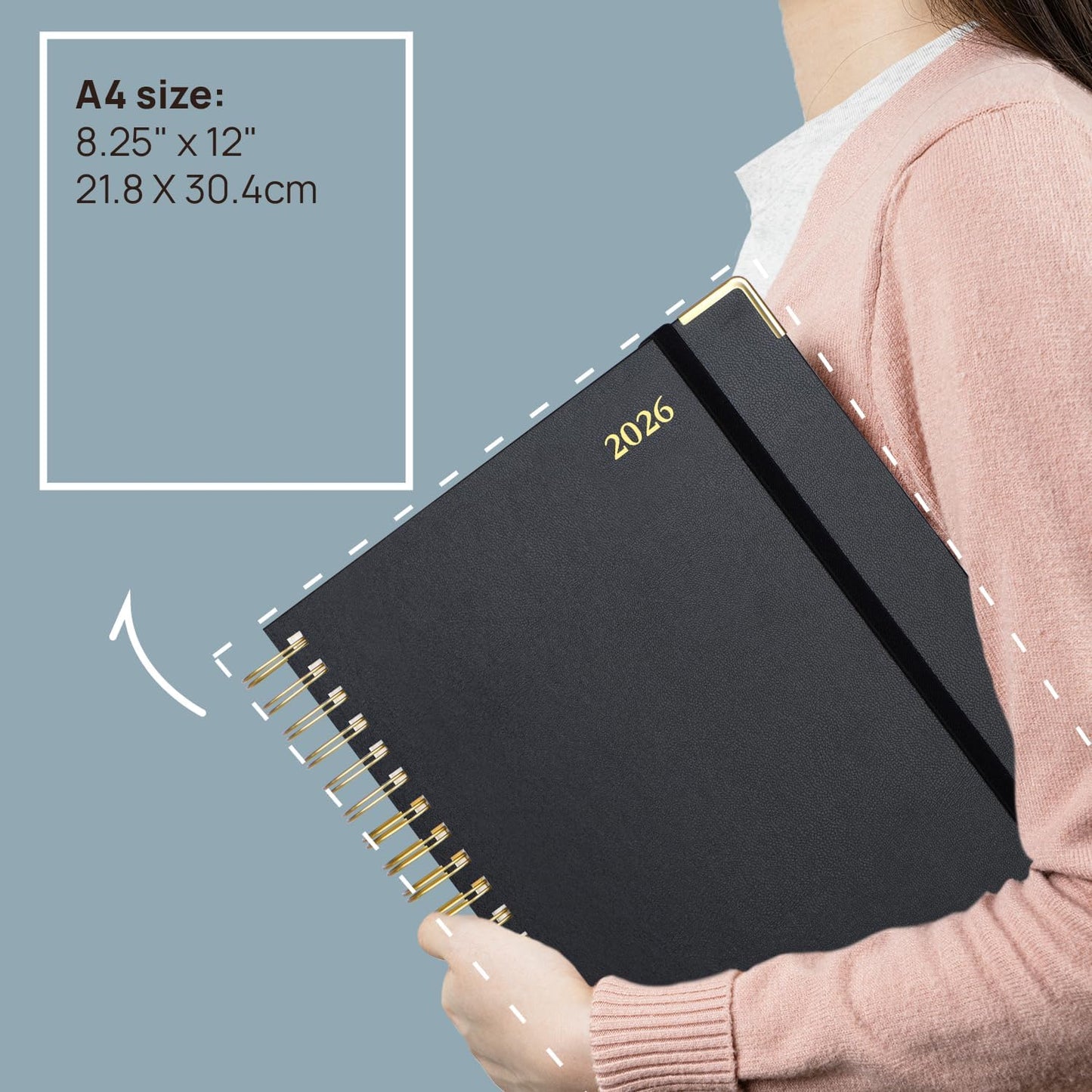 POPRUN 2026 Daily Planner One Page A Day - [A4 Large Size 8.25" x 12" -Spiral Hard Cover], Agenda 2026 Hourly Appointment Book with Monthly Calendar, Pen Holder, Ivory Paper -Midnight Green