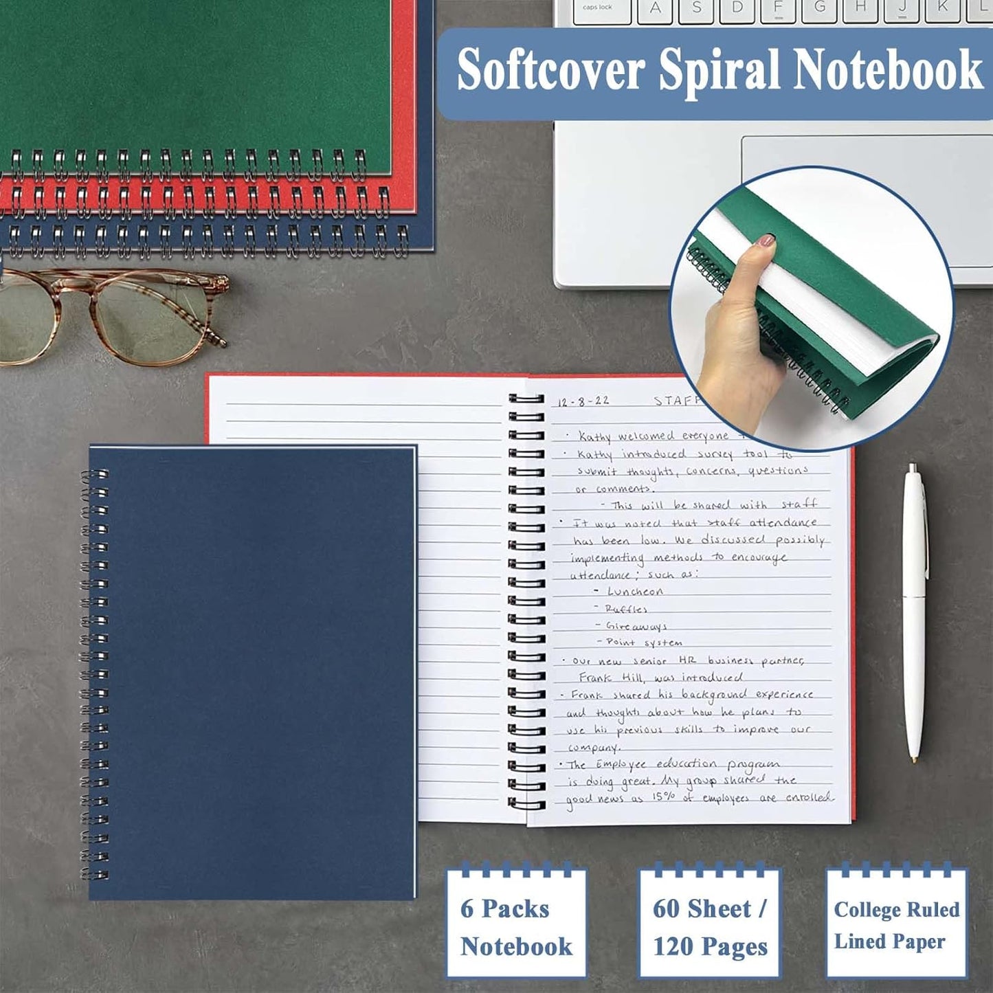 GINMLYDA 6Pack Small Spiral Notebook A5, 8.25x5.5” 120 Lined Pages Wide Ruled Spiral Journal Bulk Blank Kraft Cover Spiral Bound Notebook & Writing Pads for Home Office Meeting Work Note Taking