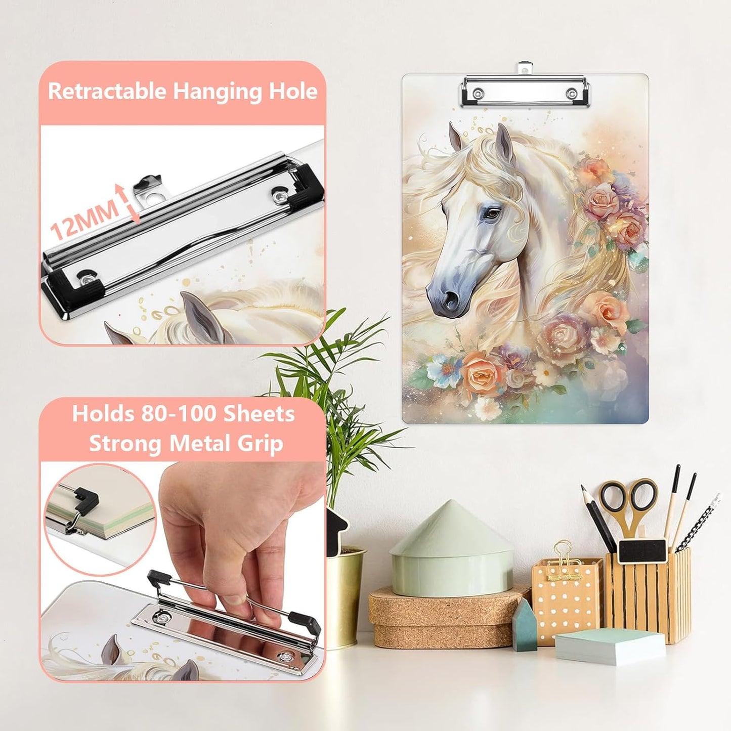 White Horse Plastic Clipboards,Cute Fashion Clipboard Decorative 8.5" x 12.5"Standard A4 Size Clipboards,Acrylic Clipboard for Teacher,Social Worker,Students,Nurse,Office Supplies