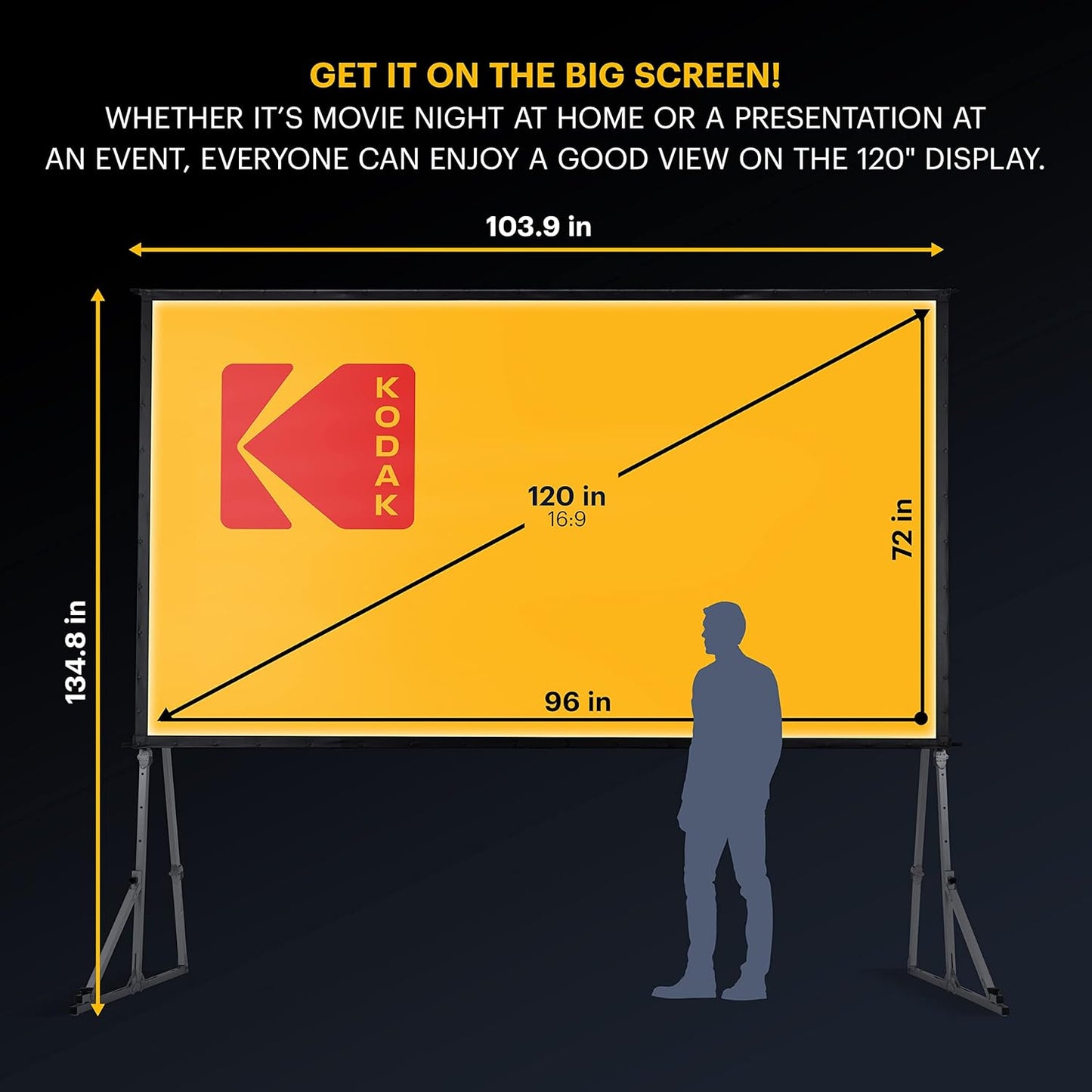 KODAK 120” Projector Screen w/Stand | Fast Fold Front Projection Backdrop for Outdoor & Indoor Movies with Tripod, Outdoor Stability Kit, & Black Storage Carry Case