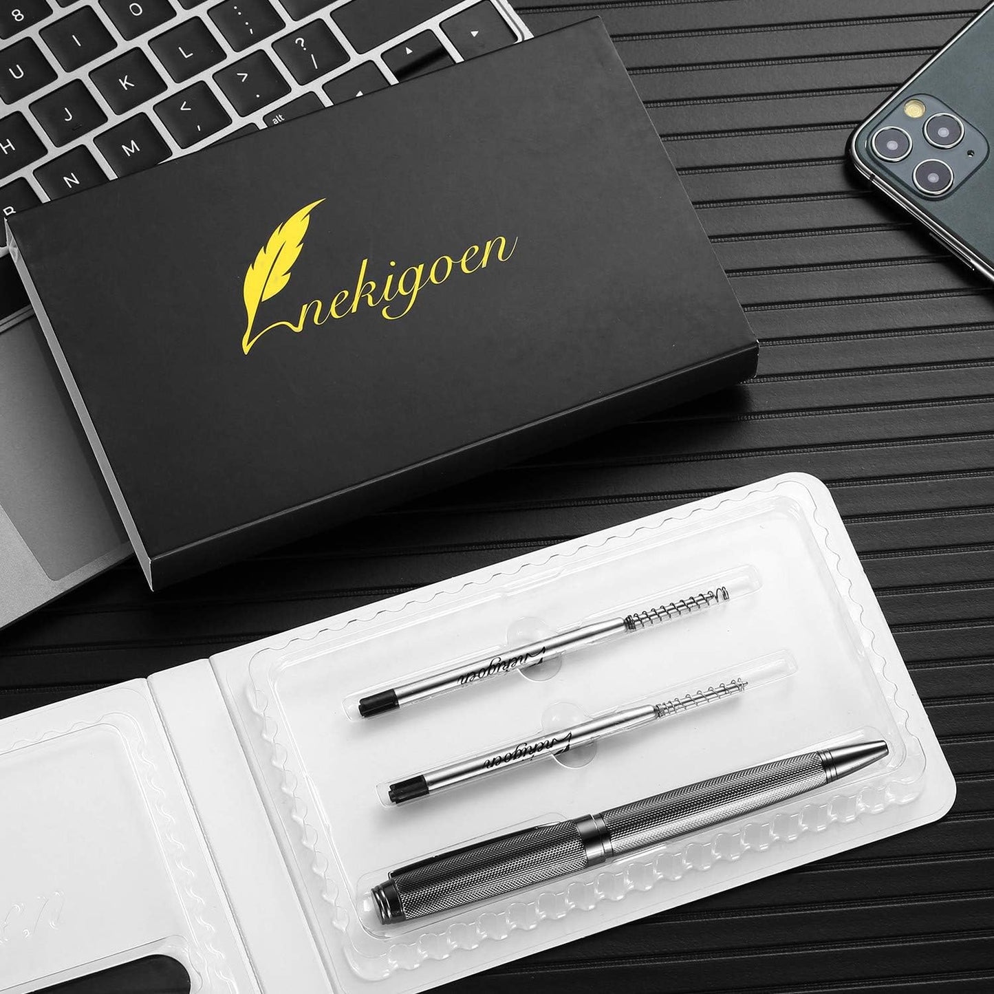 Ballpoint Pen with Gift Box for Men Women,Luxury Stainless Steel Retractable Pen Executive Home Office Use, and 2 Extra Refills Black Ink 1.0mm B2 (full gray)