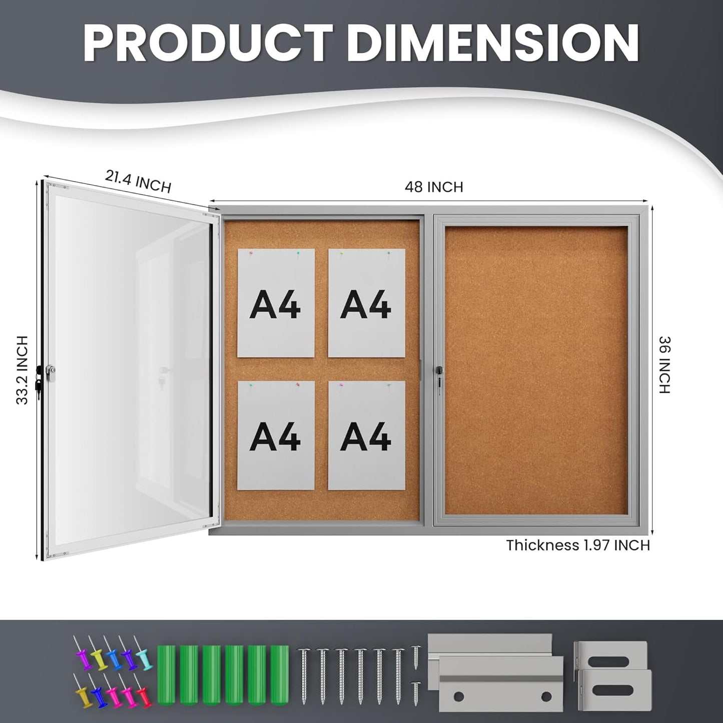 48"x36" Lockable Enclosed Bulletin Board, Outdoor Cork Weather-Resistant Aluminum Frame Notice Board, Wall Mounted Display Case Acrylic Doors for School,Office,Silver Frame w/Cork