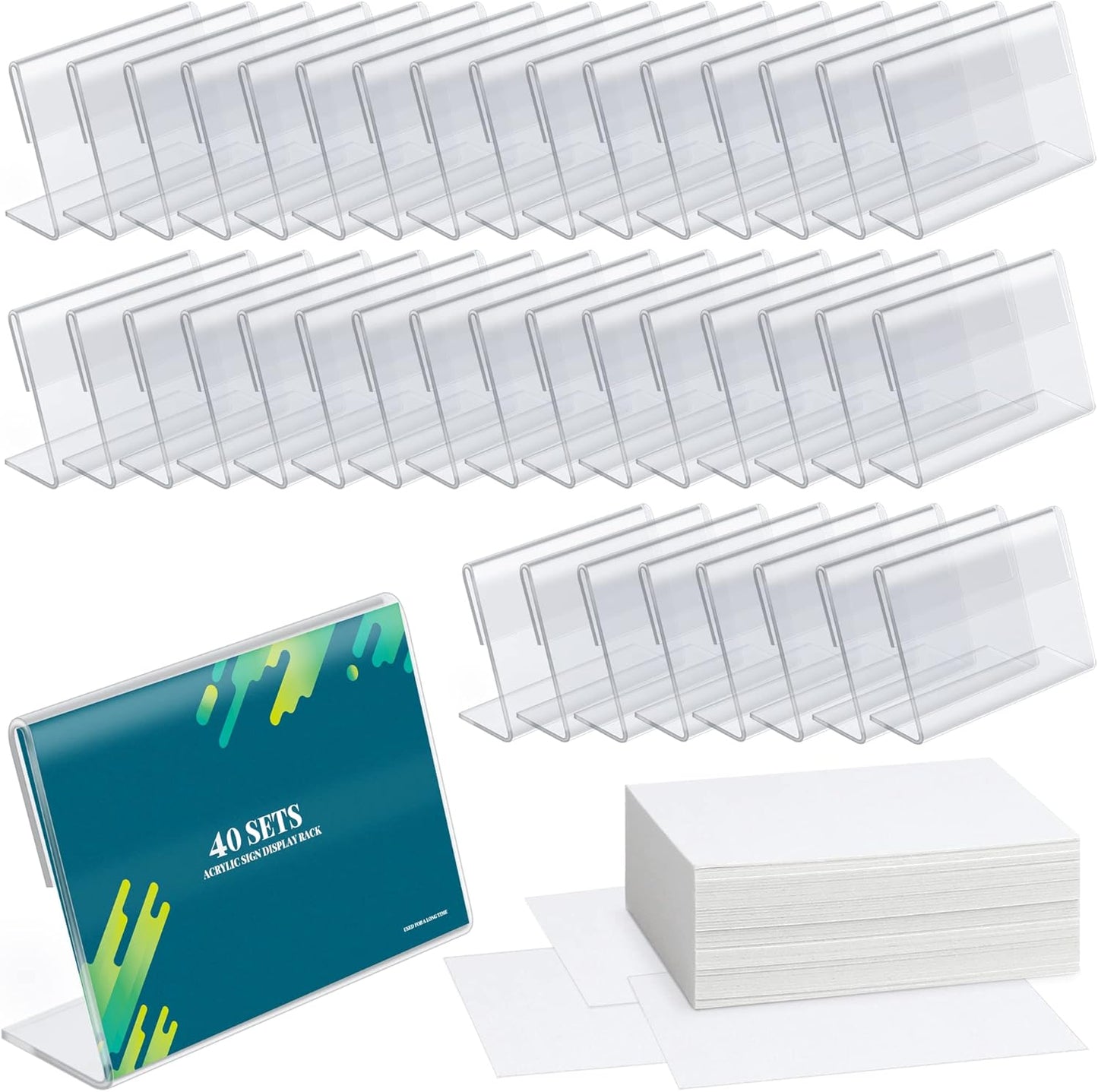 BILLIOTEAM 40pack Mini Clear Sign Display Holder with Blank Labels,3.5*2.4 Inch Horizontal Slanted L-Shape Plastic Name Card Price Card Tag Label Counter Top Stand