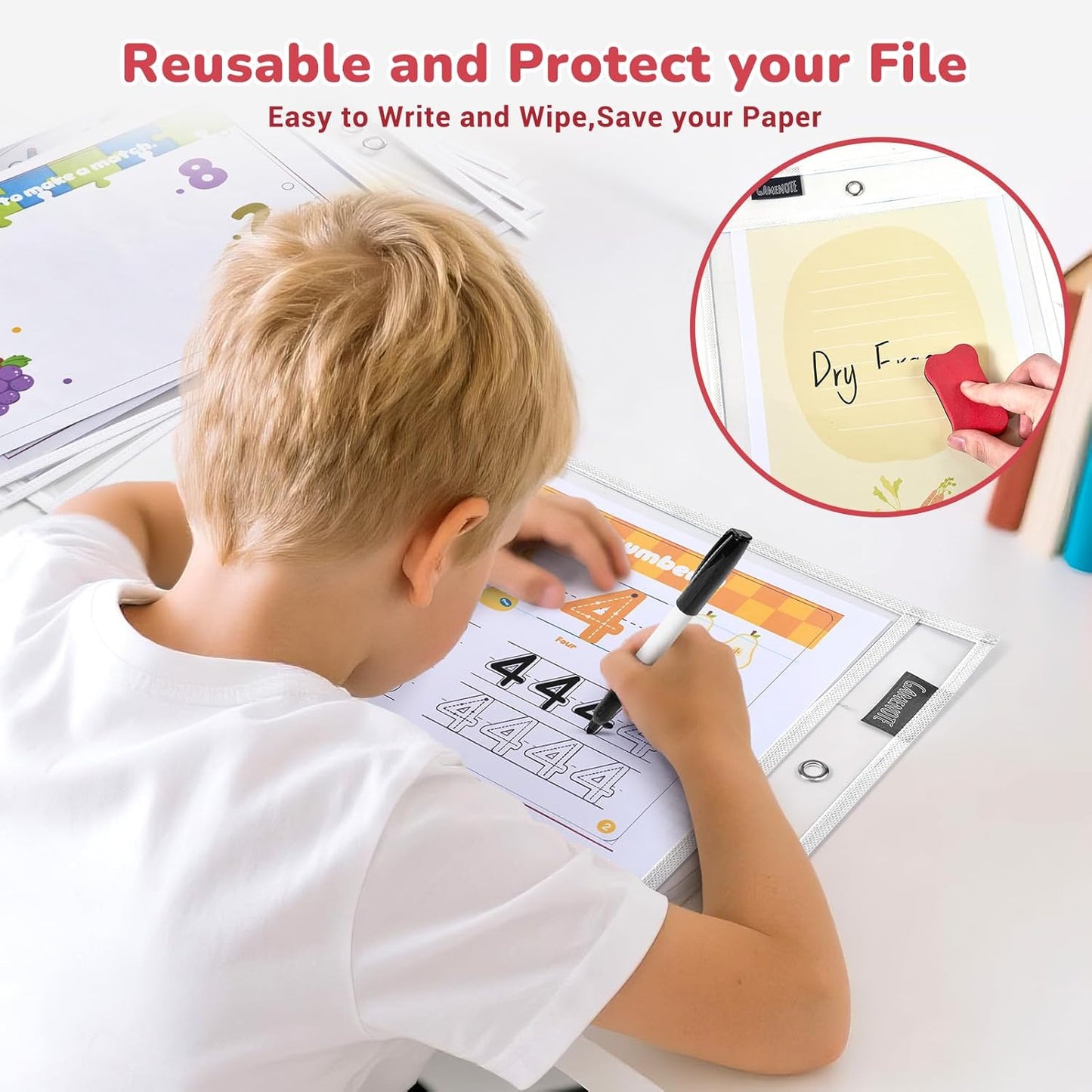 Gamenote 30 Pack White Dry Erase Pockets with 5 Rings, 10x14 Oversized Reusable Plastic Sleeves, Clear Sheet Protectors, Teacher Supplies for Classroom Organization