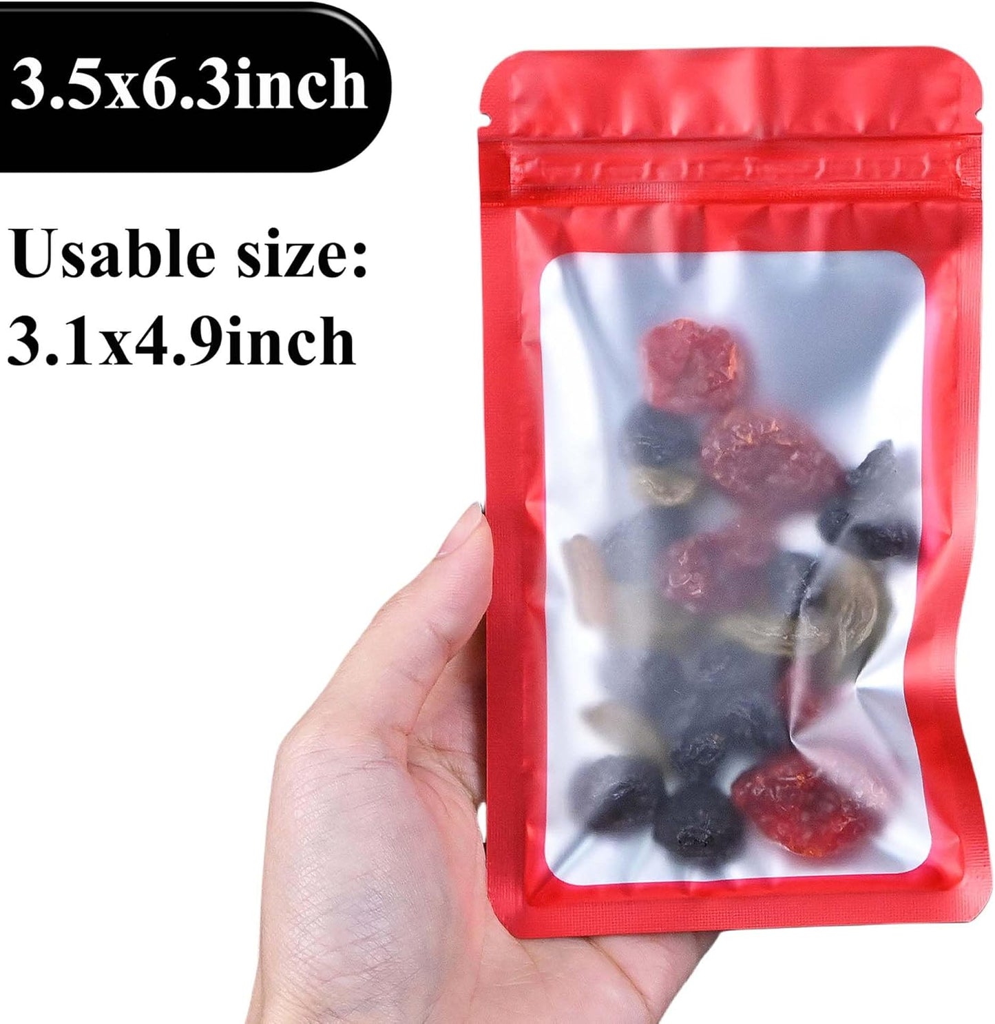 Resealable Mylar Pouch Bag Great for Office Home Party Favor Food Storage (100PCS, Red Color, 3.5 x 6.3 inch)