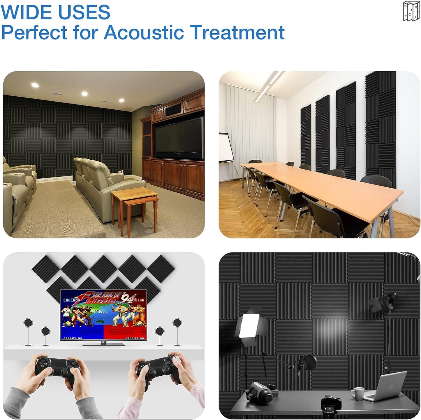 12 Pack Acoustic Panels Self-Adhesive, 1" X 12" X 12" Quick-Recovery Sound Proof Foam Panels, Acoustic Foam Wedges High Density, Soundproof Wall Panels for Home,Studio,Gaming -Black