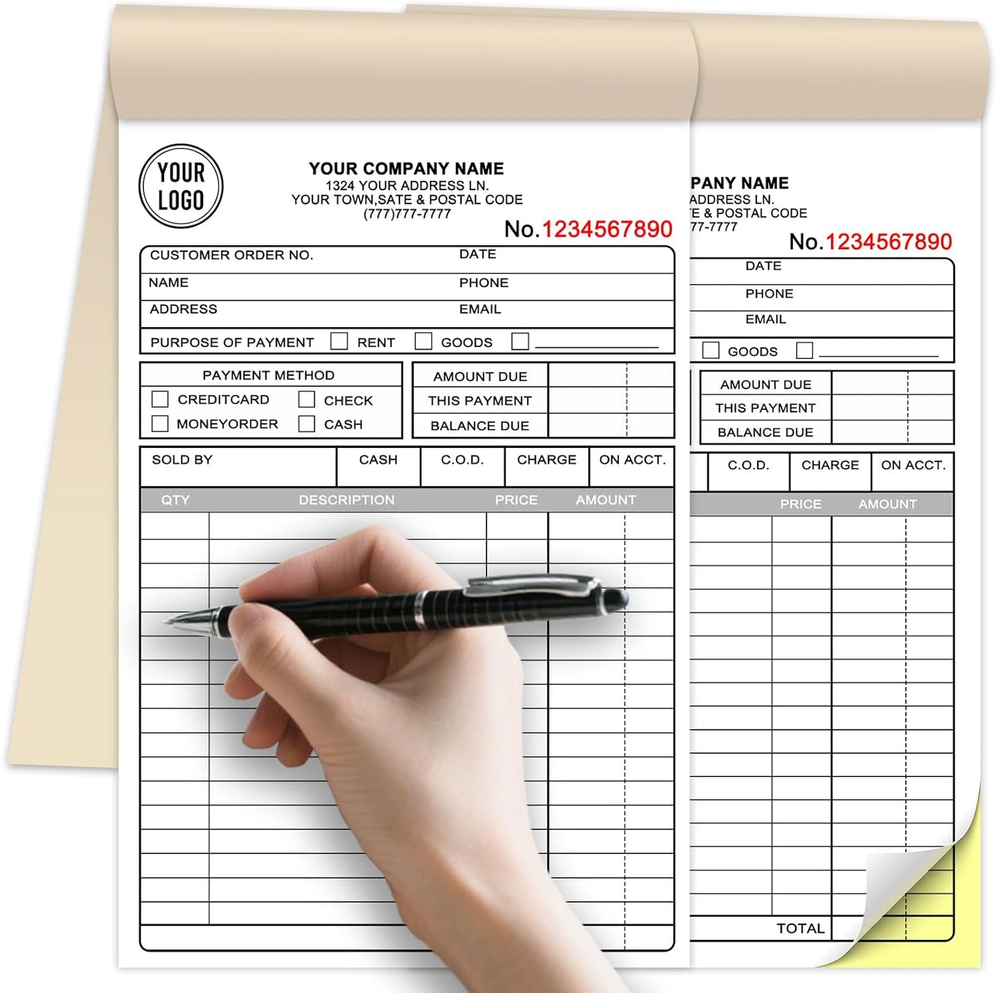 Custom Invoice Receipt Book for Small Business 5.5x8.5" Personalized 2-Part Contractor Duplicate Carbonless Sales Forms with Company Name Address Phone Number 100 Sets