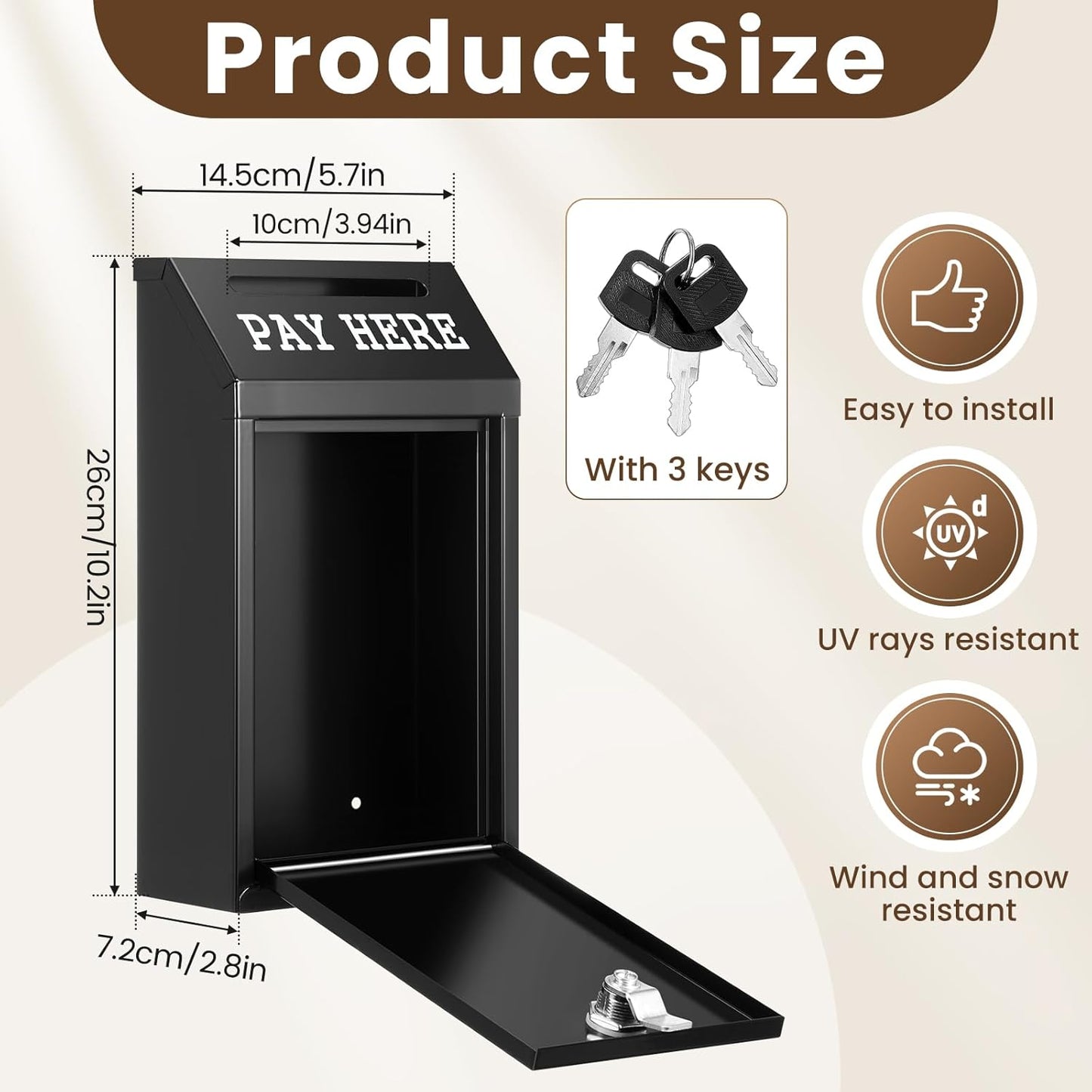 Safe Cash Box Money Collection Metal Donation Box with Lock Wall Mount Pre Drilled Mailbox Delivery Ballot for Home Office Outdoor Self Serve Stand(Black,10.2 x 5.7 x 2.8 Inch)