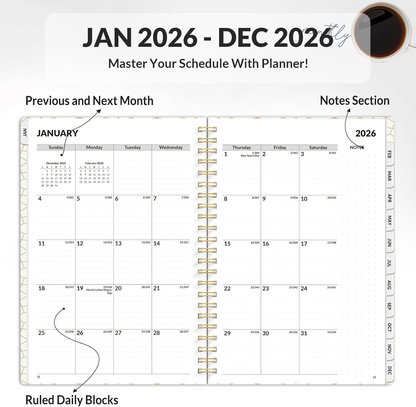 SUNEE Planner 2026 Weekly and Monthly, January 2026-December 2026, 6.4"x8.3", Tabs, Note Pages,Spiral Binding, Blue
