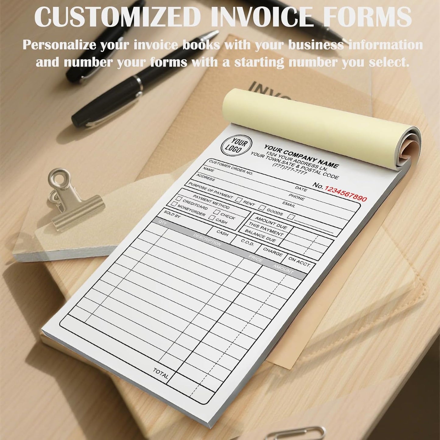 Custom 5.5" x 8.5" Invoices Receipts Carbonless Books in 3-Part Duplicate Personalized Company Address Name Phone Number 50 Sets