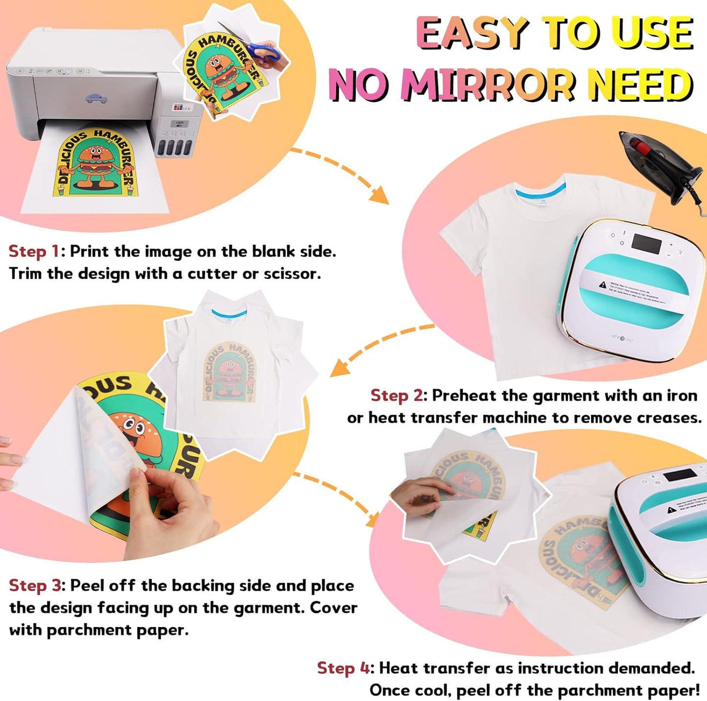 HTVRONT Iron on Transfer Paper for Light T Shirts -50 Sheets 8.5x11" Heat Transfer Paper for Inkjet & Laser Printer, Stretchable & Durable Printable Heat Transfer Vinyl, Easy to Use