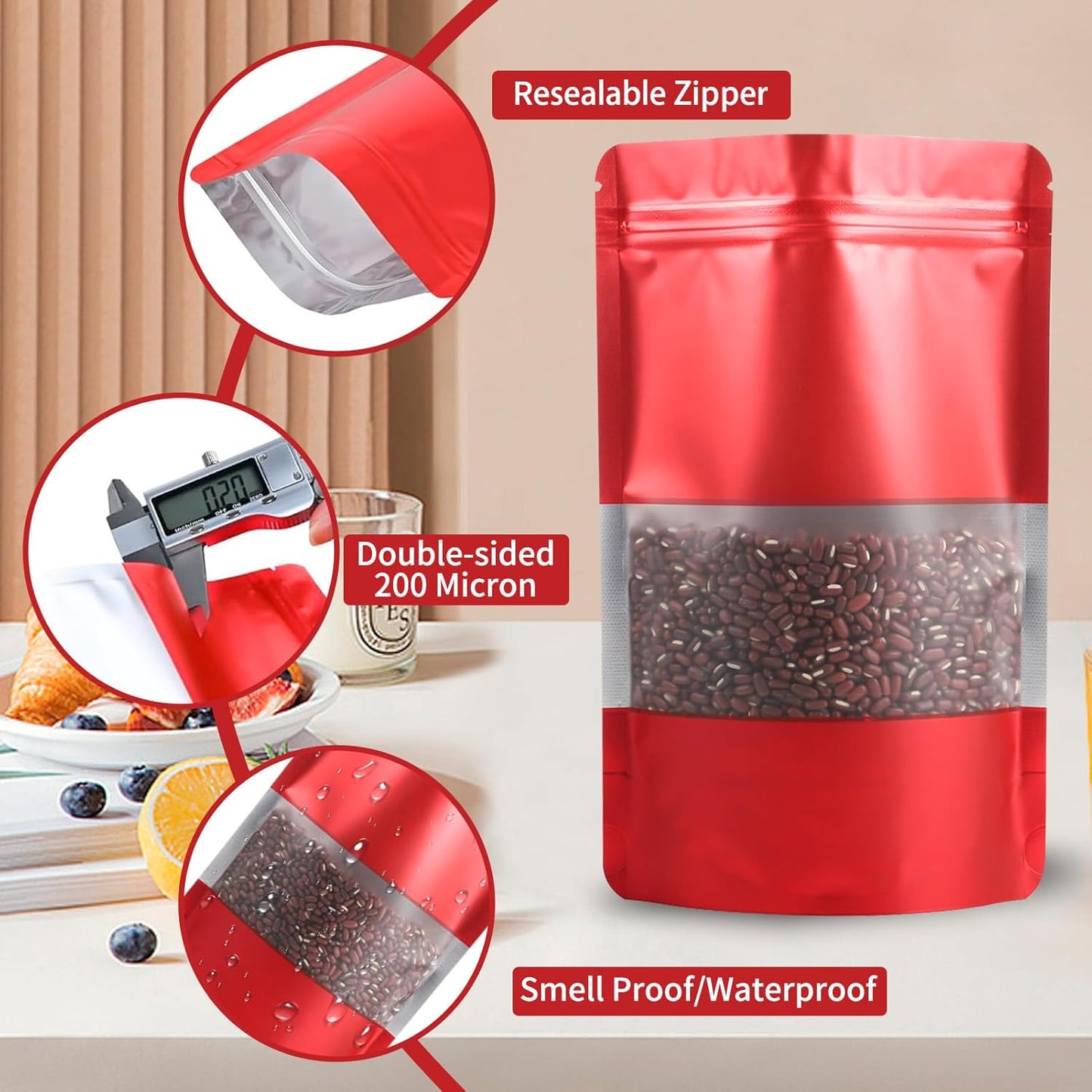 100 Pack Smell Proof Bags, Resealable Red Mylar Bags with Matte Window, Foil Pouch Stand Up Sealable Bags for Packaging, 3.93 × 5.9 Inch