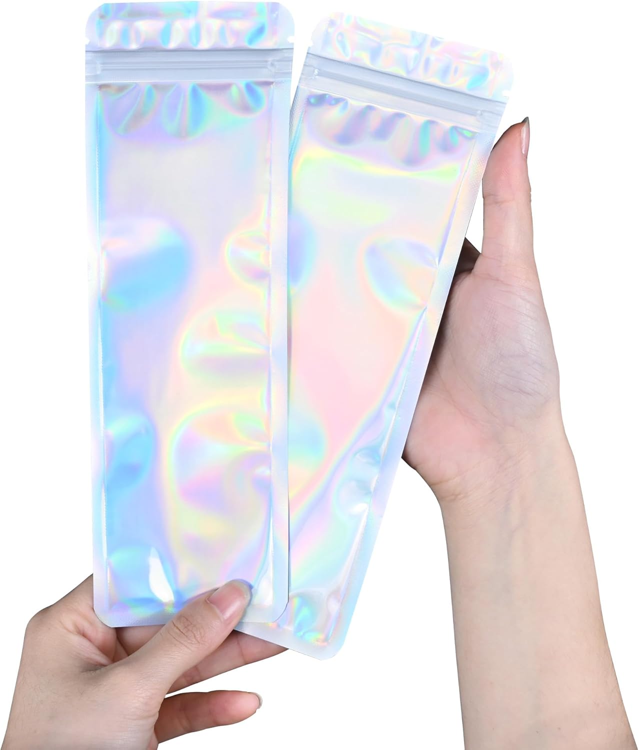 Resealable Mylar Pouch Pen Bags Great for Office Home Party Favor Food Storage Cookies Sample Jewelry Snack (100PCS, Holographic Color, 2.7 x 9 inch)