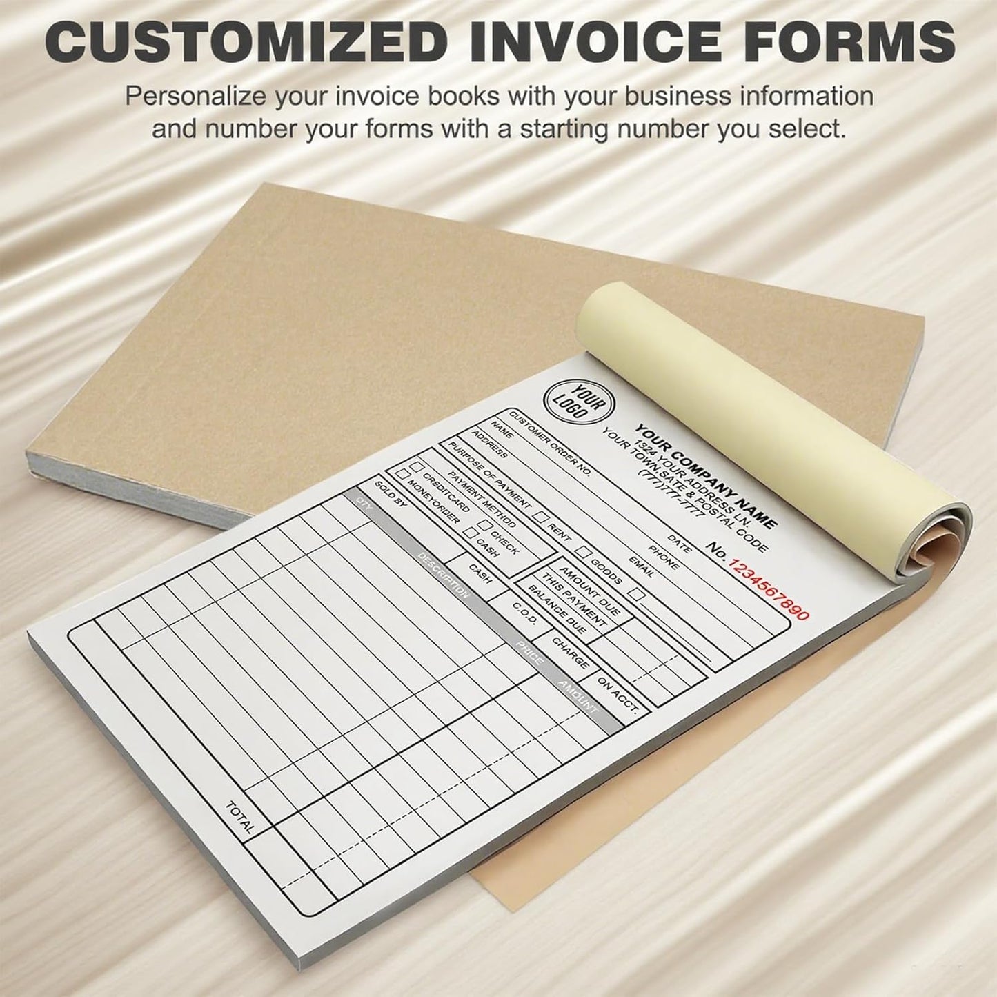 Custom Sales Invoice Personalized Carbonless NCR Forms with Company Name/Logo Personalized Invoice, Receipt Book, Work Sales Purchase Orders, Estimates, Quote Forms 4.25" x 7" - 3 Part(150 Sets)