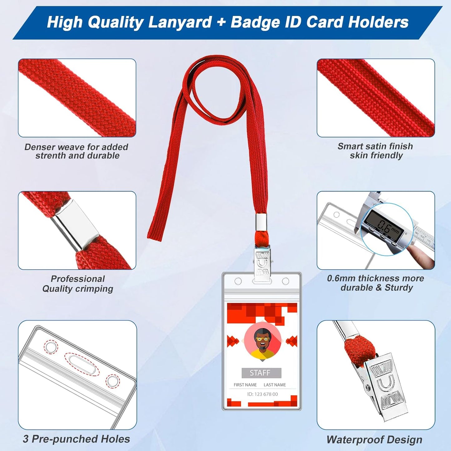 100 Sets Lanyards for Id Badges and Clear Plastic Vertical Name Badge ID Card Holders, Flat Neck Lanyards with Clip Waterproof Resealable Name Tag Badge ID Card Holders, Red