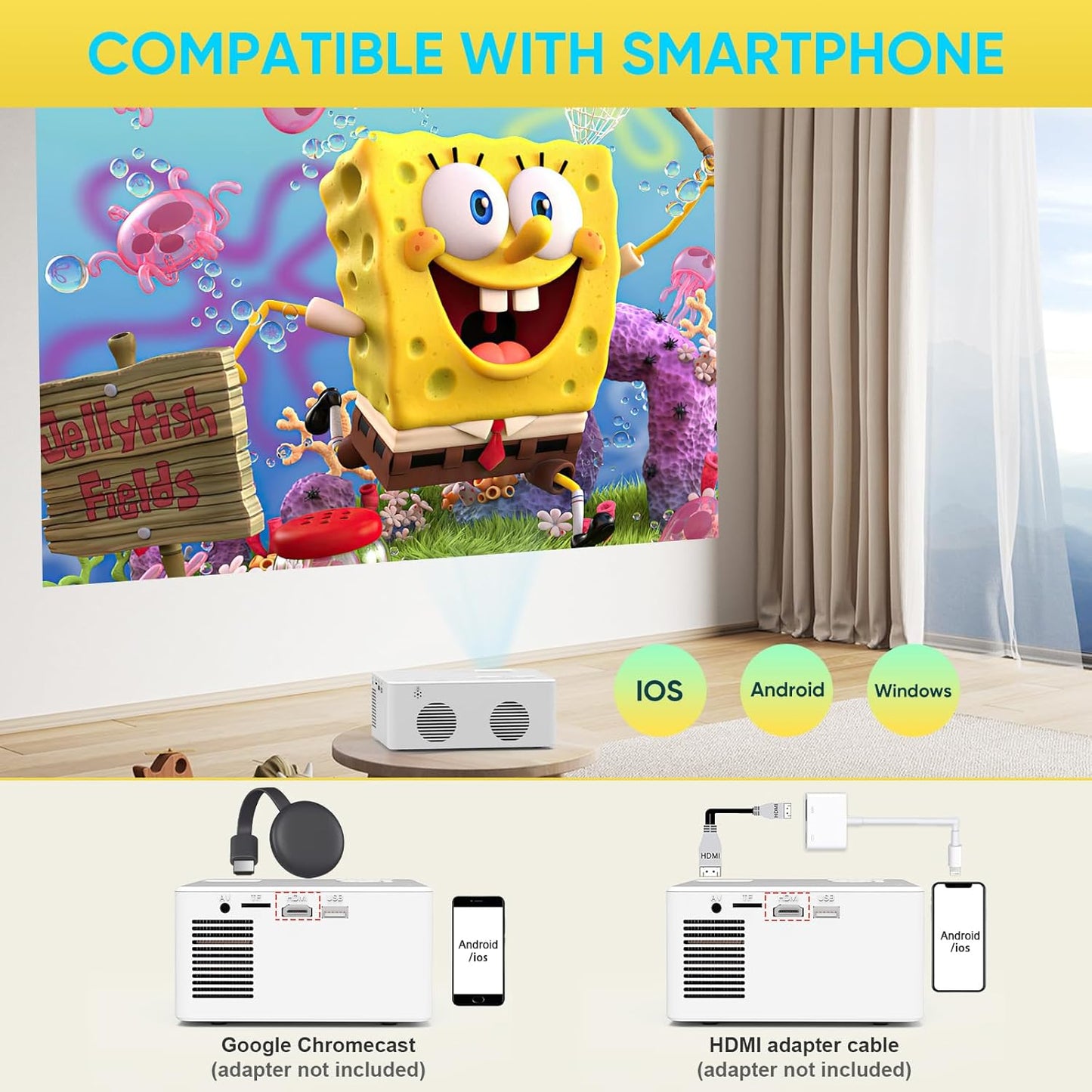 Mini Bluetooth Projector, Full HD 1080P Supported Portable Outdoor Movie Projector for iOS, Android, Windows, Compatible with TV Stick/HDMI/Smartphone/PS4/USB [Remote Included]