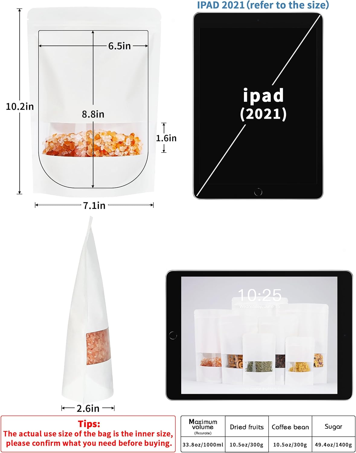 FireKylin 100 Pcs White Reusable Paper & Plastic Stand Up Pouches with Zipper Closure, 7.1" x 10.2" Windowed Bags for Packaging and Storage