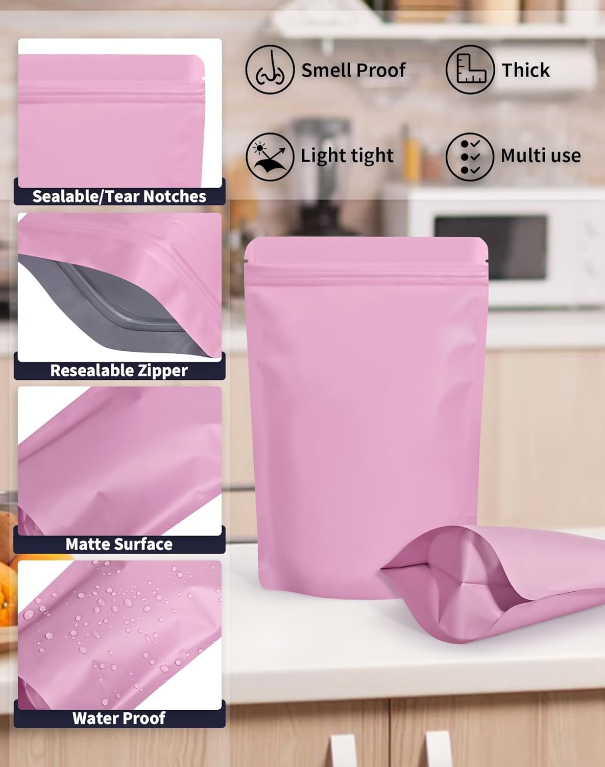 100 Pack Resealable Stand Up Bags,7.1" x 10.2" Smell Proof Pouch Sealable Foil Pouch Bags for Packaging (Pink)