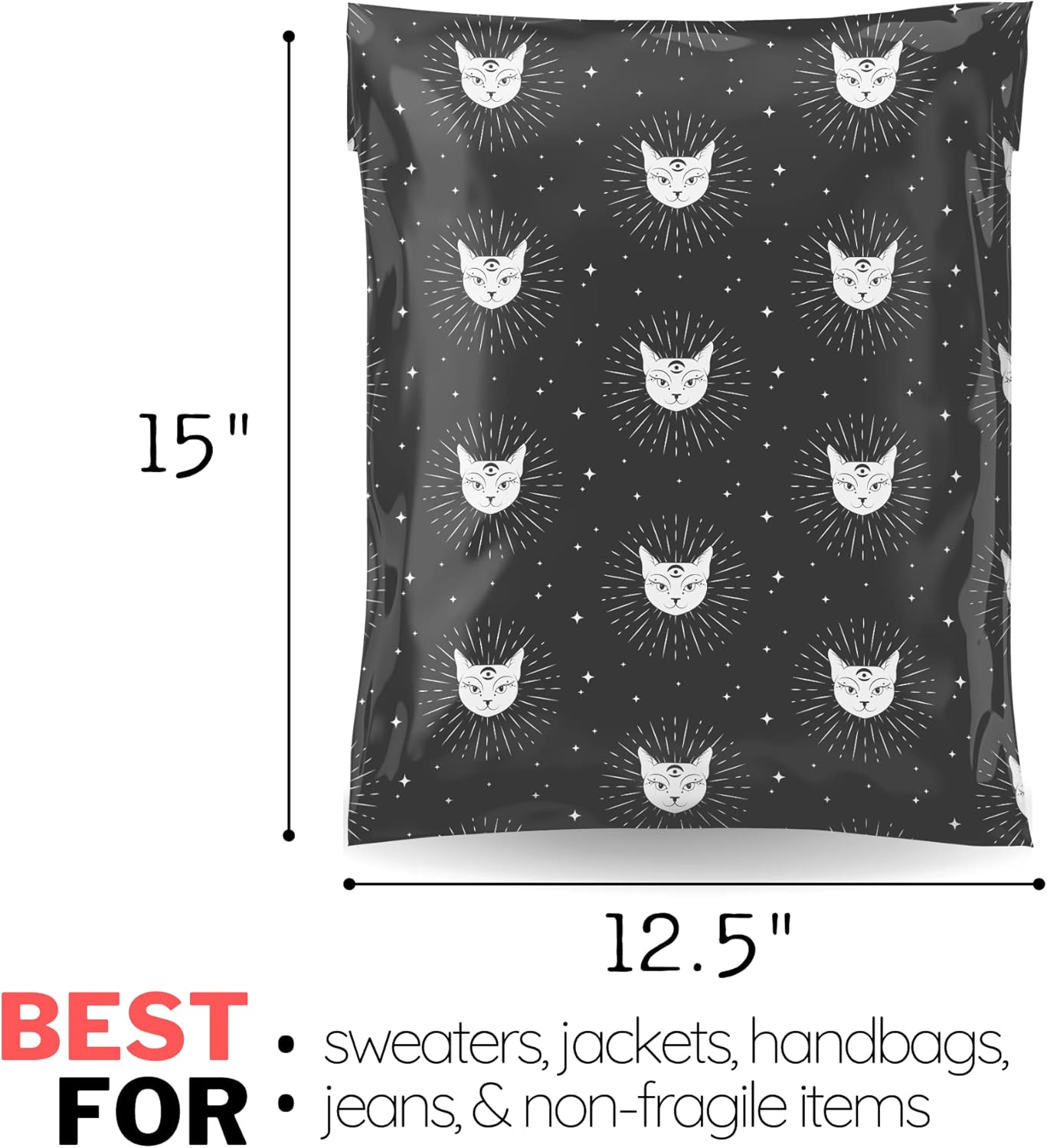 Poly Mailers 12.5x15 50 Pack | Self-Sealing Shipping Bags Envelopes for Small Business | Waterproof Durable Packaging | Cat | Black Stars Animal | à la mode Mailers