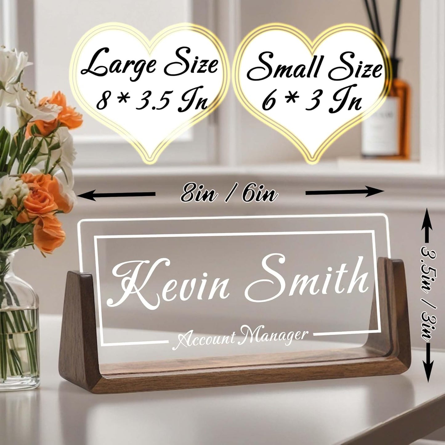 Personalized Desk Name Plate with LED Light & Wooden Base, Custom Acrylic Name Sign | Custom Office Decor & Appreciation Gifts for Boss Coworkers, New Job Promotion Gift (Style 2)