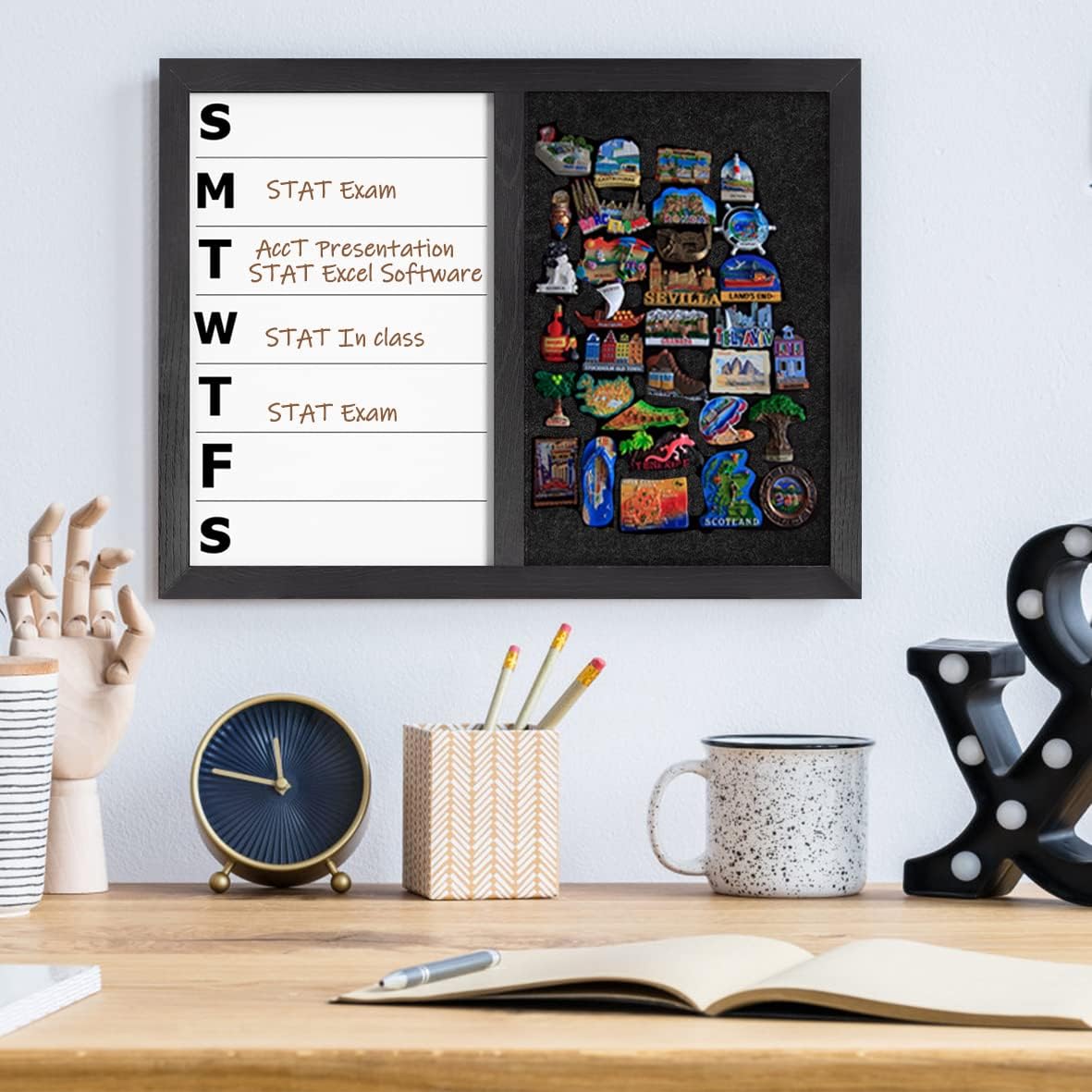13" x 17" Magnetic Weekly Dry Erase White Board and Felt Board, Black Wood Frame，Magnetic Surface Whiteboard for Home Office and Wall Decor(ZHZL-3343)