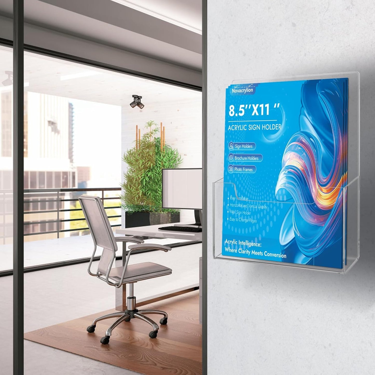 Acrylic Brochure Holder Wall Mount 8.5x11 – Clear Trifold Rack, Detachable Magnetic Rod, Easy-Carry Design for Wall or Desktop Display in Office, Retail, Trade Shows (4 Pack)